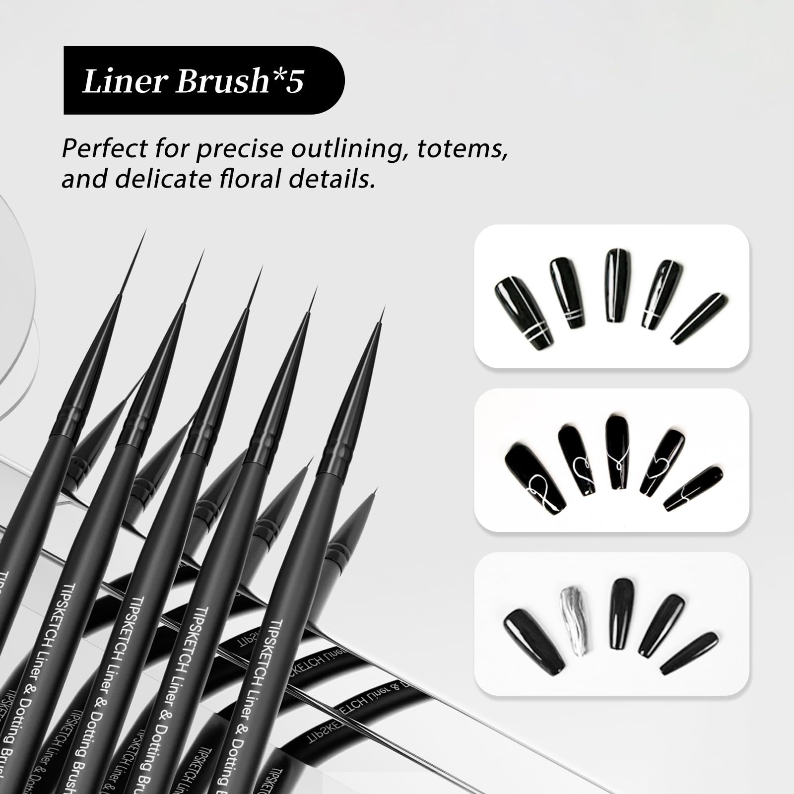 Tipsketch Nail Art Liner Brushes 5Pcs Dotting Pen Tools Nail Art Brushes Thin Liner Set(4/8/12/15/20 mm) for Long Lines, Thin Details Gel Polish Nail Paintings Double-End Nail Art Tools