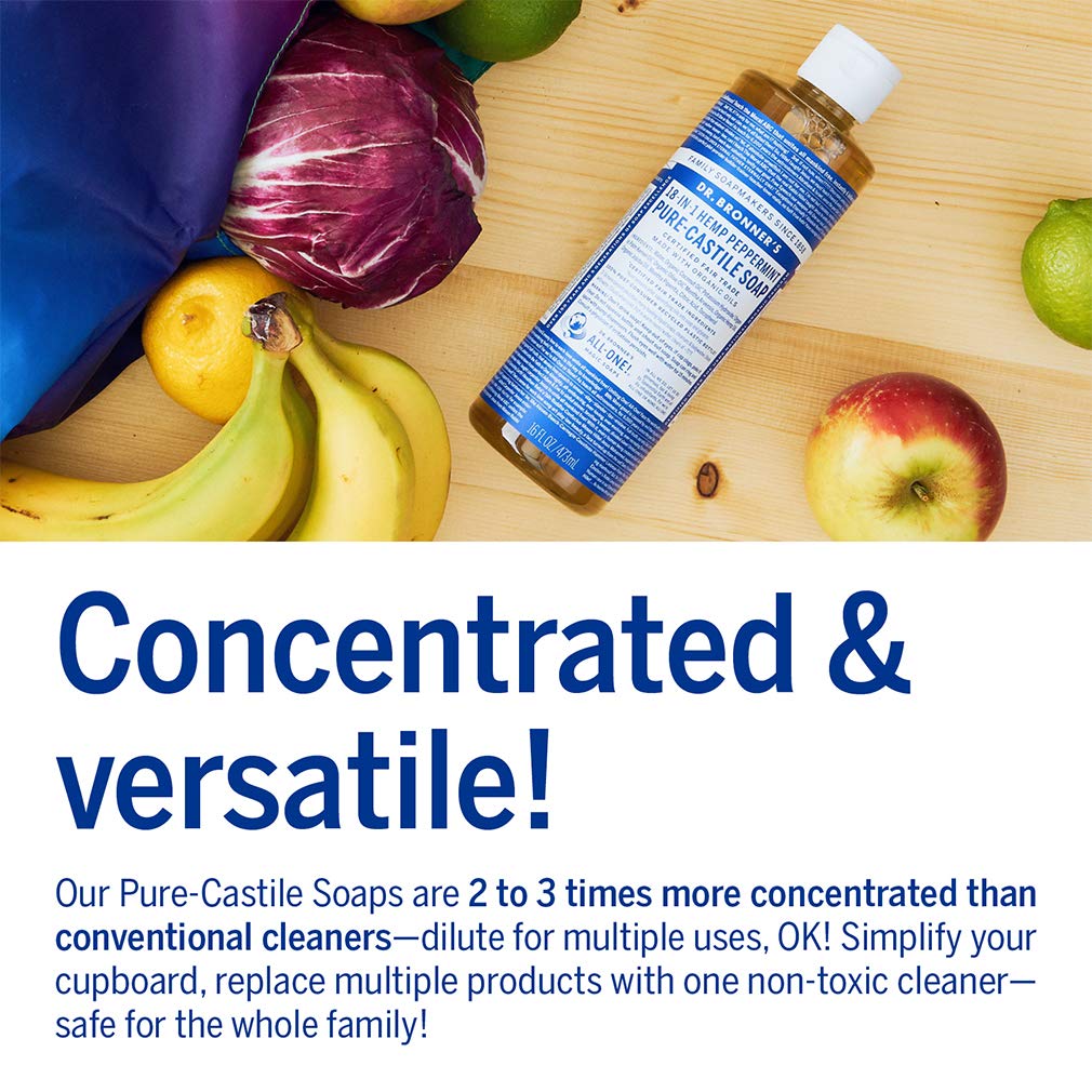 Dr. Bronner's - Pure-Castile Liquid Soap (Peppermint, 16 ounce) - Made with Organic Oils, 18-in-1 Uses: Face, Body, Hair, Laundry, Pets and Dishes, Concentrated, Vegan, Non-GMO