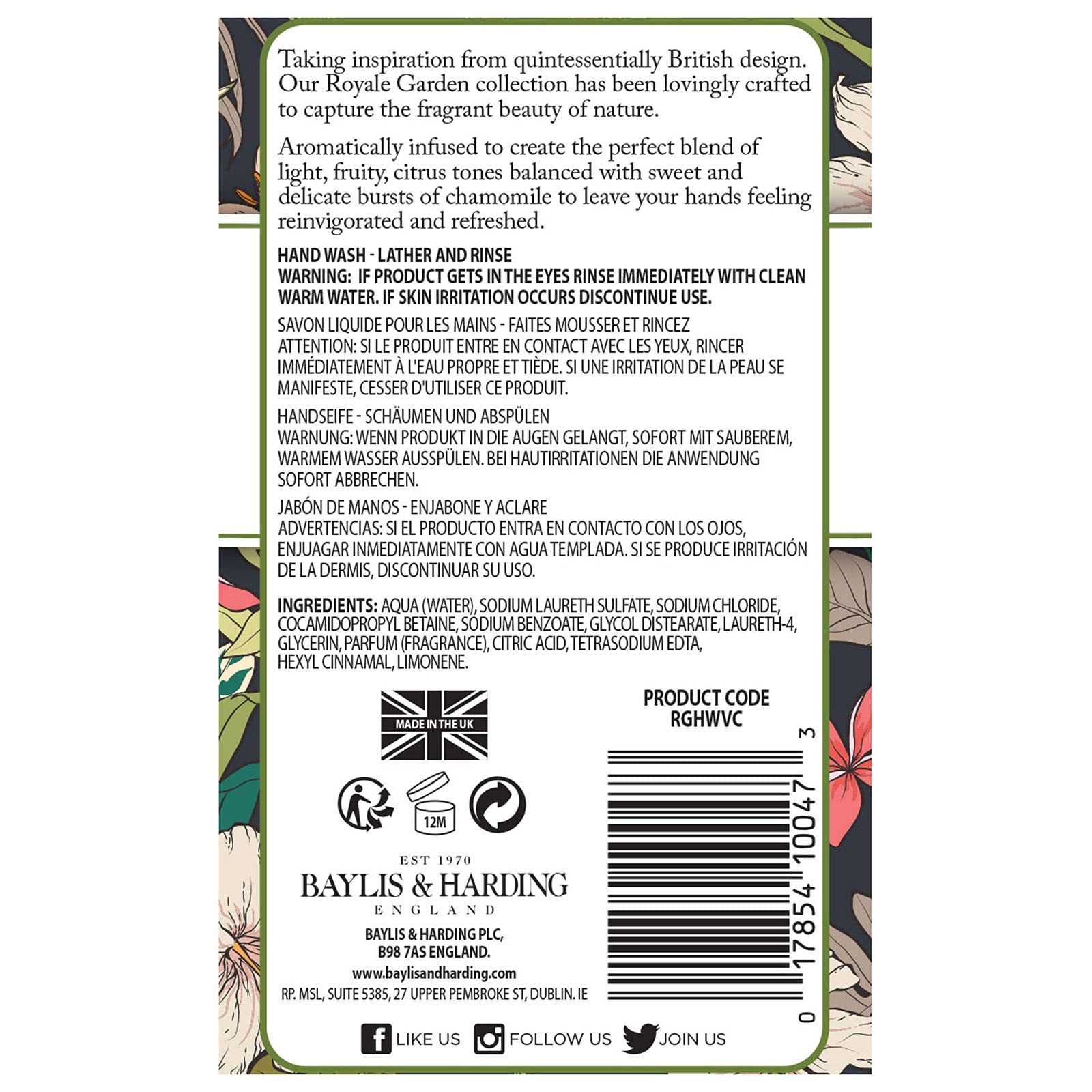 Baylis & Harding Liquid Hand Soap Wash with Dispenser, Royale Garden, Verbena & Chamomile, 16.9oz/500ml (6-Pack)