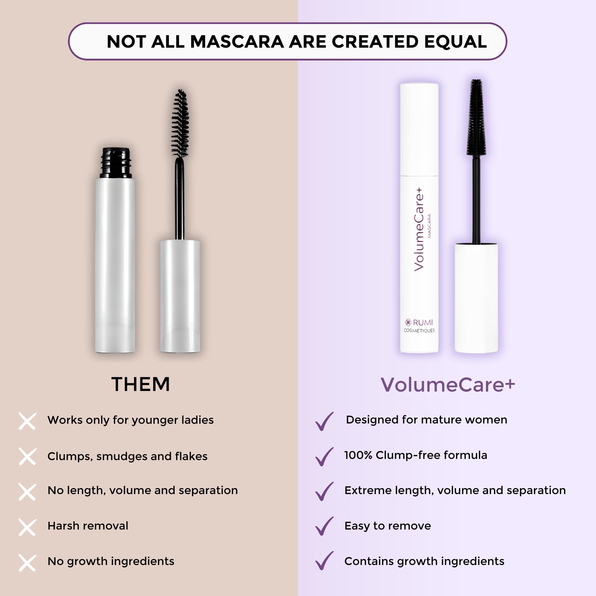 Rumi Cosmetiques VolumeCare+ Mascara For Older Women - Extreme Length and Volume 2-in-1 Formula - No Clumps, Long-wearing, Hypoallergenic Mascara For Sensitive Eyes (Dark Brown)