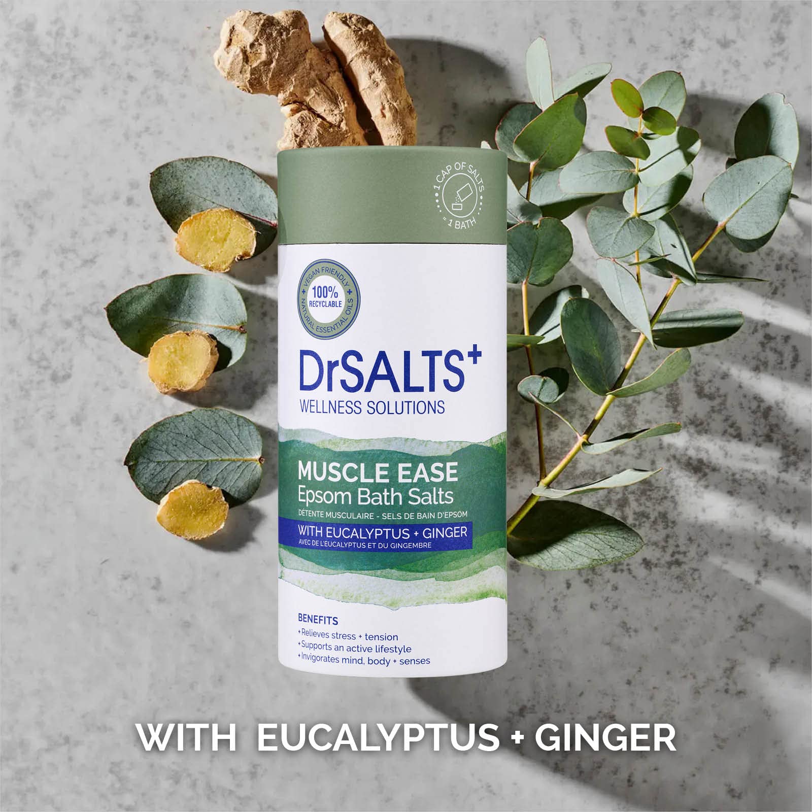 DrSALTS+ Muscle Ease Therapy Epsom Salts - Soothing Epsom Bath Salts to Relieve Strains, Pain & Stiffness with Eucalyptus & Ginger Essential Oils - Vegan & Cruelty-Free, 2kg