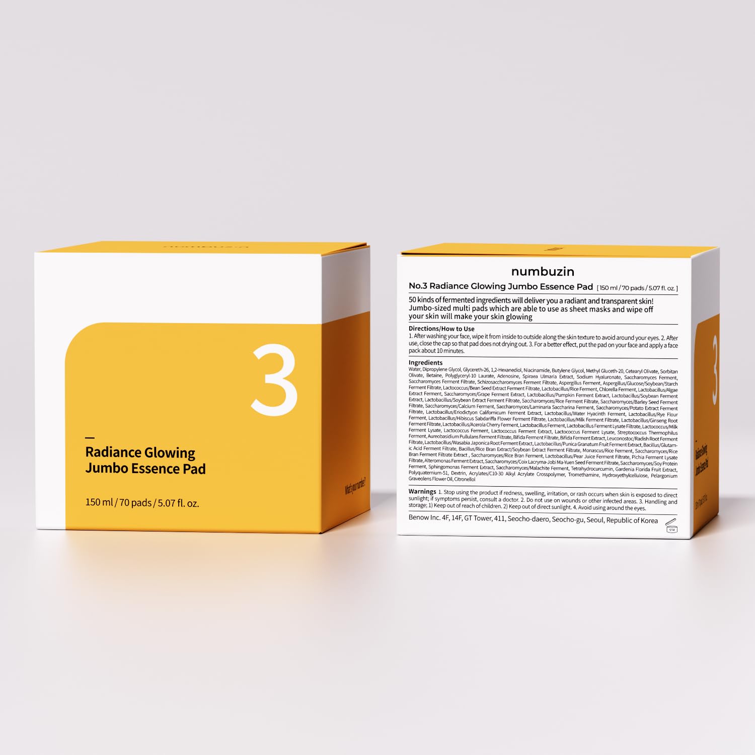 numbuzin No.3 Toner Pads | Radiance Glowing Jumbo Essence Pad | Clear Glass Skin, Texture Care | Biodegradable Vegan Pads, Fermented Ingredients, Niacinamide | 70 pads/5.07 fl. oz.