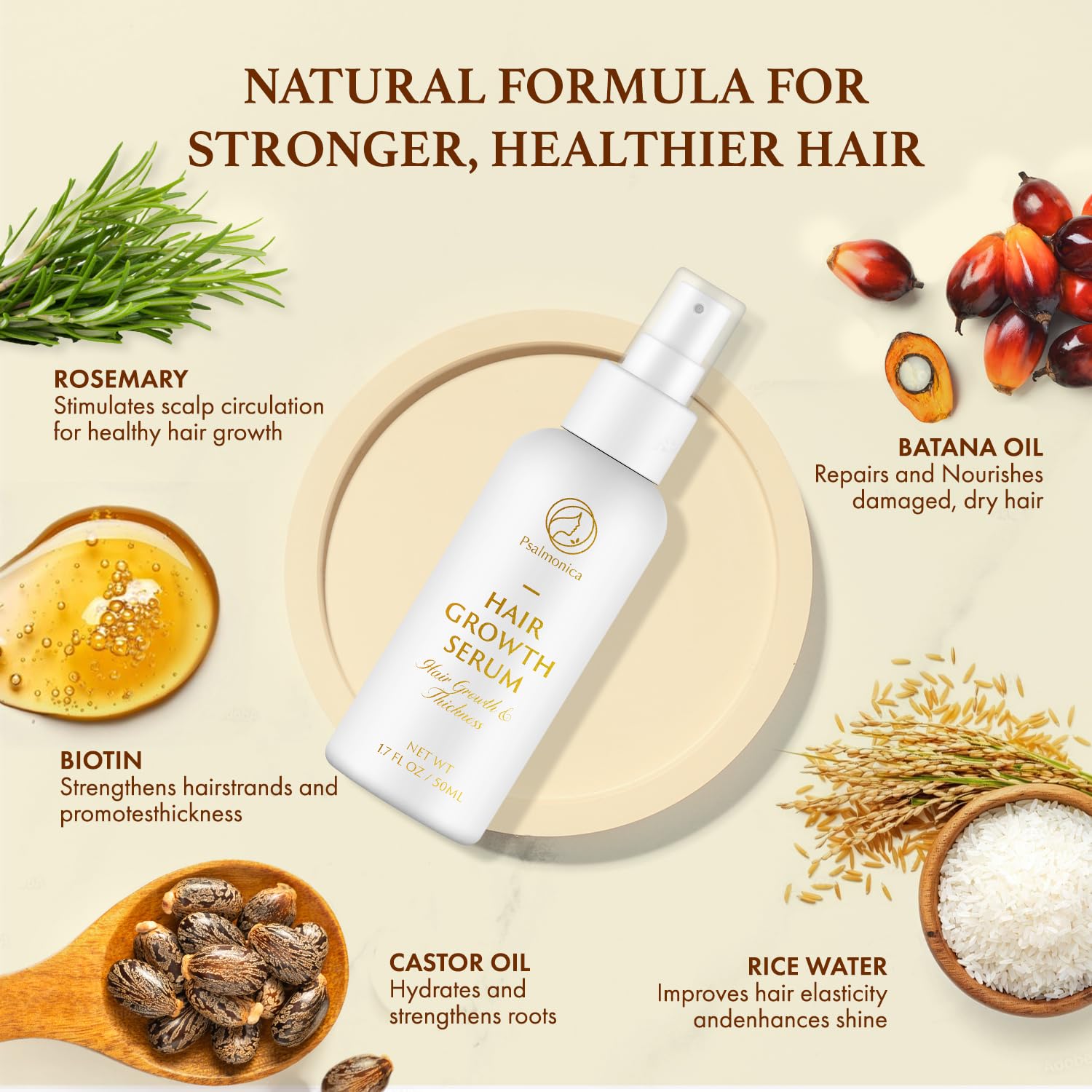 Hair Growth Serum: Rosemary Batana Castor Oil Rice Water Biotin Hair Oils for Hair Growths - Hair Growth Thickening Product - Hair Loss Treatments for Women Men(1.7fl oz)