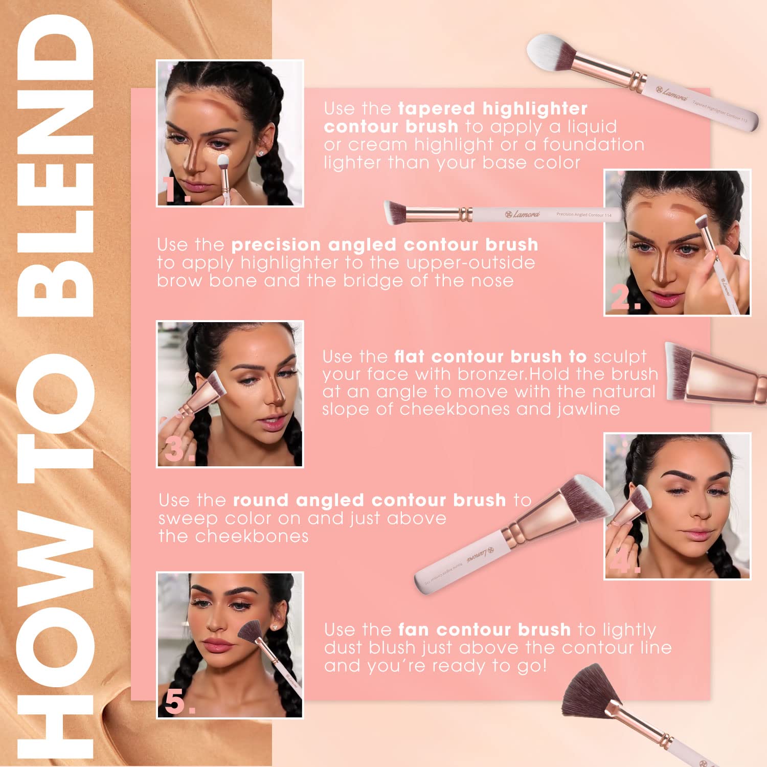 Contour Powder Kabuki Foundation Blush Fan Brush Set - Synthetic Sculpting and Highlighting Kit - Contouring Makeup Brushes