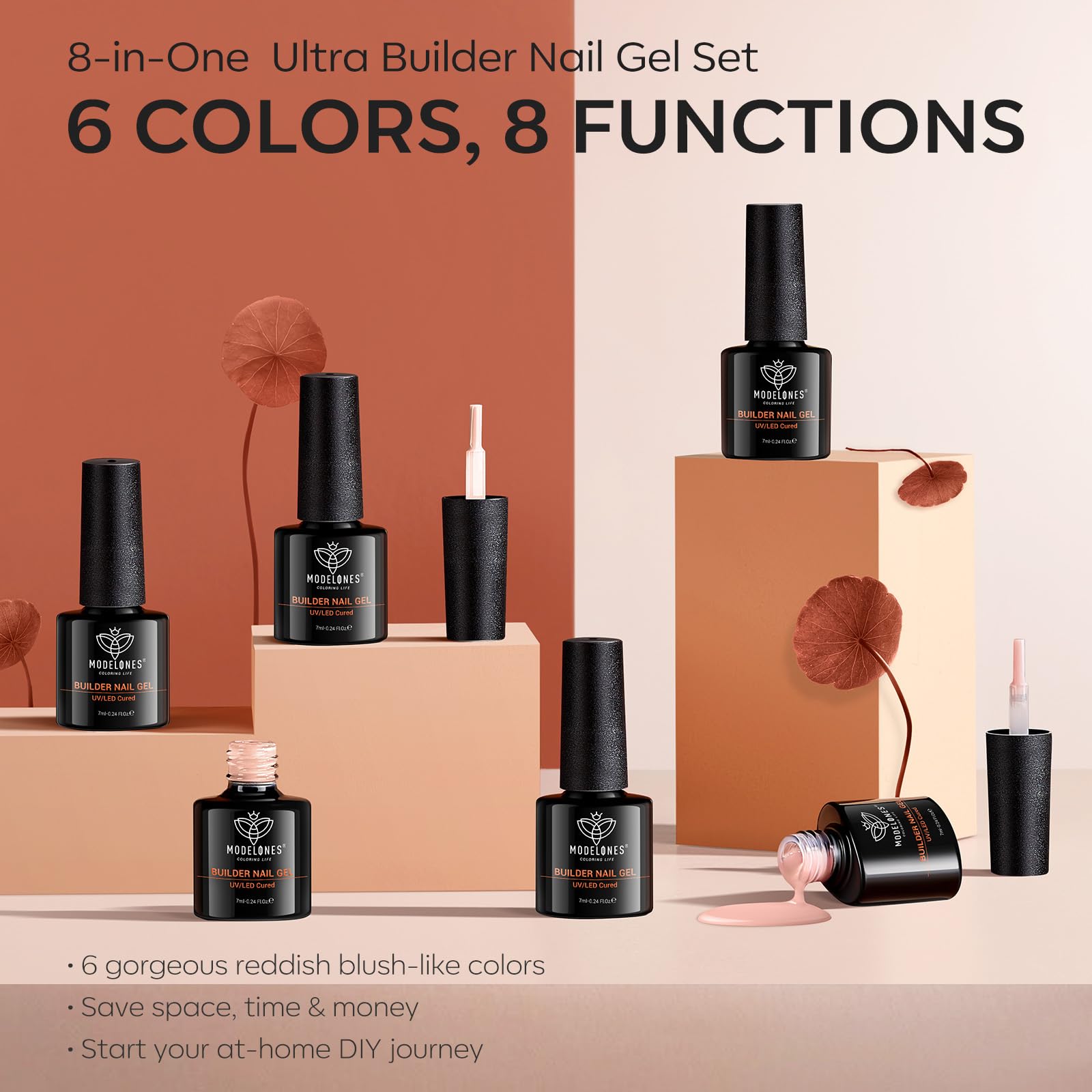 Modelones Builder Gel 6 Colors, 8-in-1 Nail Gel Set for Nails, Hard Gel Strengthener Extension Base Gel in a Bottle