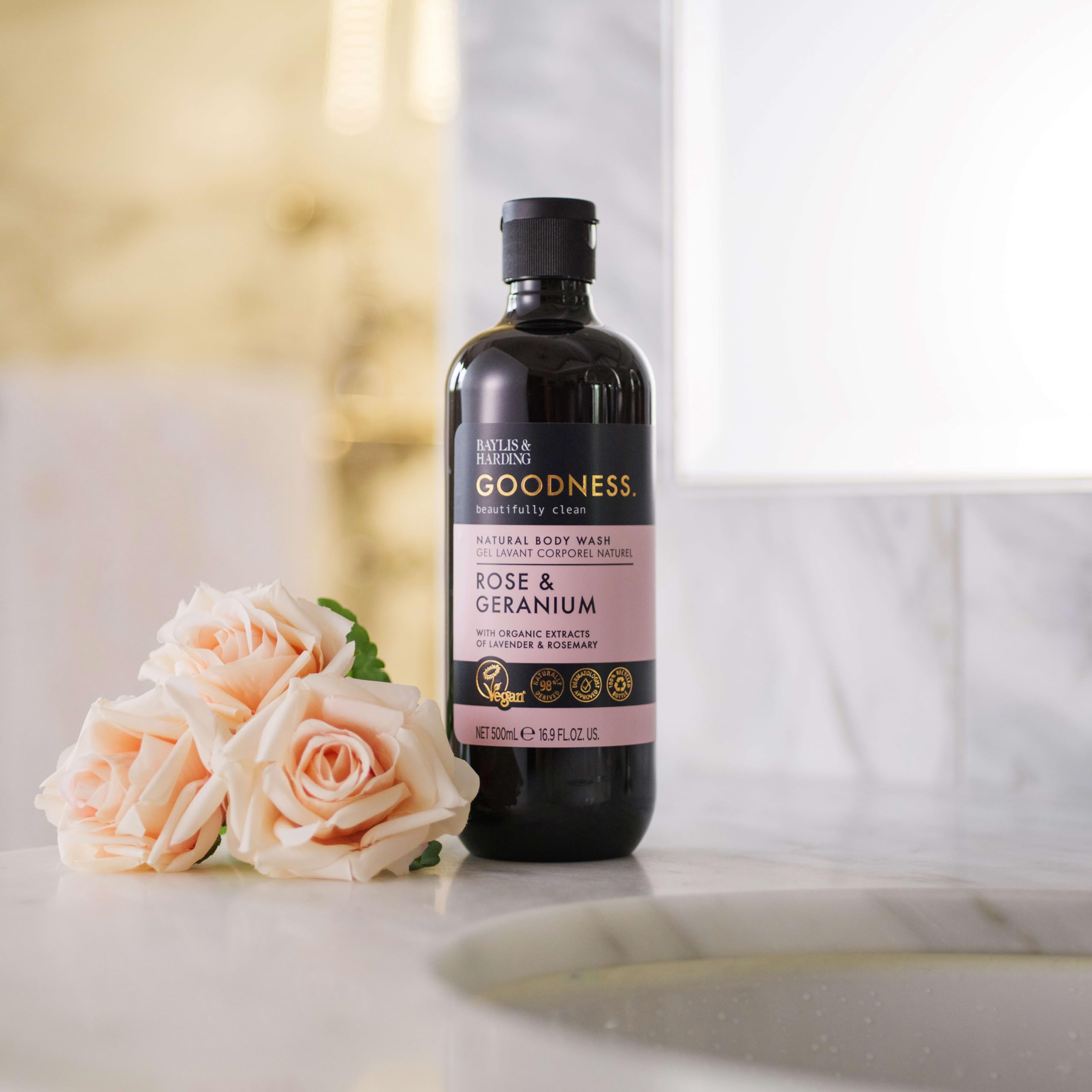 Baylis & Harding Goodness Bath Soak, Rose & Geranium Scent. Natural Bath Soak, 98% Naturally Derived, Dermatologist Approved, Vegan.