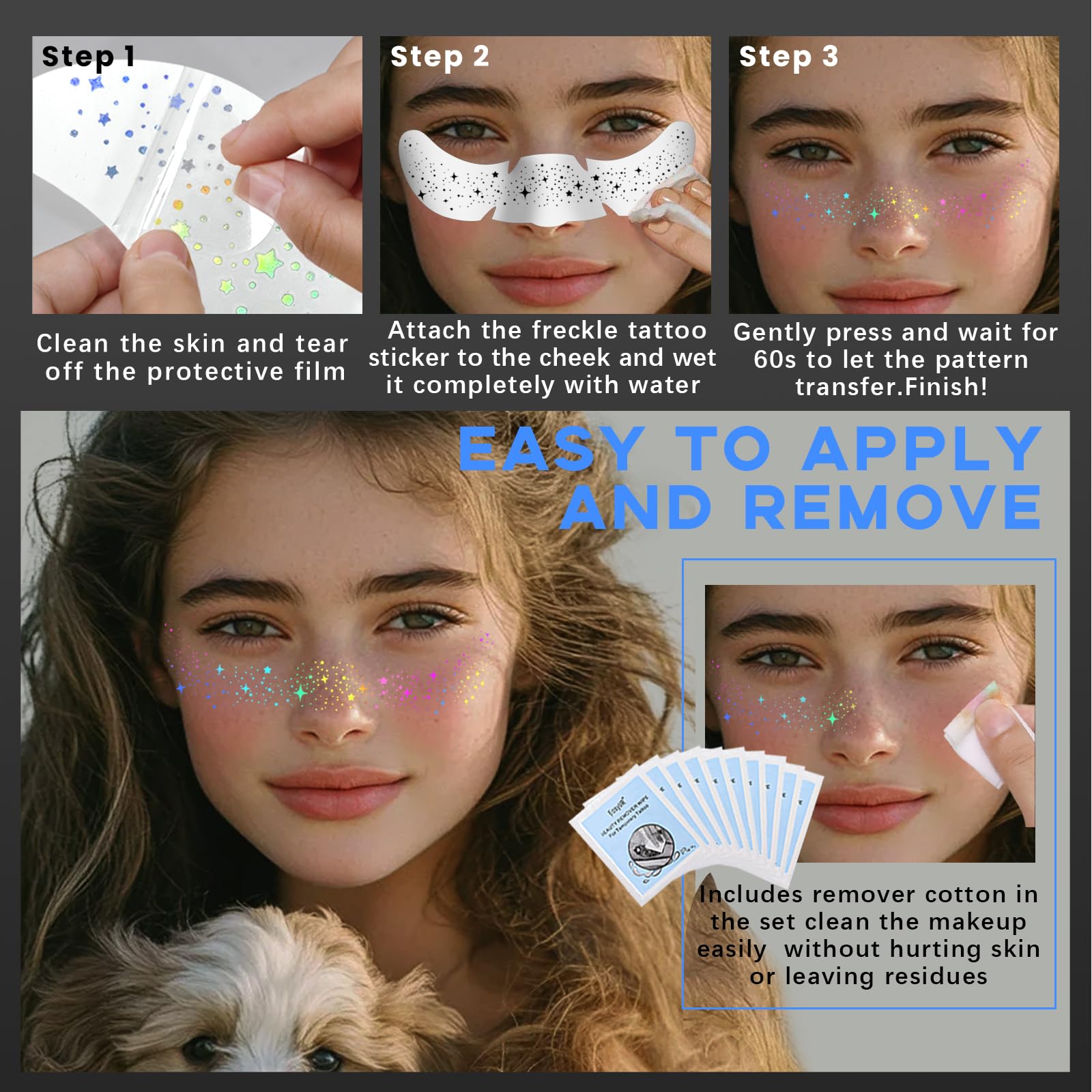 Noerrors Glitter Freckles Face Tattoo, 10pcs Multichrome Holographic Sparkle Face Glitter Speckles Patches, Waterproof Metallic Cute Star Temporary Tattoo Stickers Makeup Festival Rave Accessories