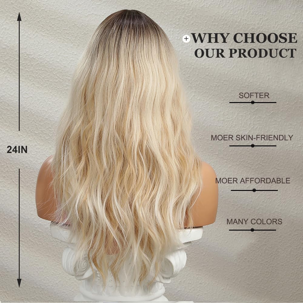 Esmee Long Wavy Ombre Blonde Wigs for Women Natuaral Synthetic Hair Heat Resistant Wig for Daily Party Cosplay Use