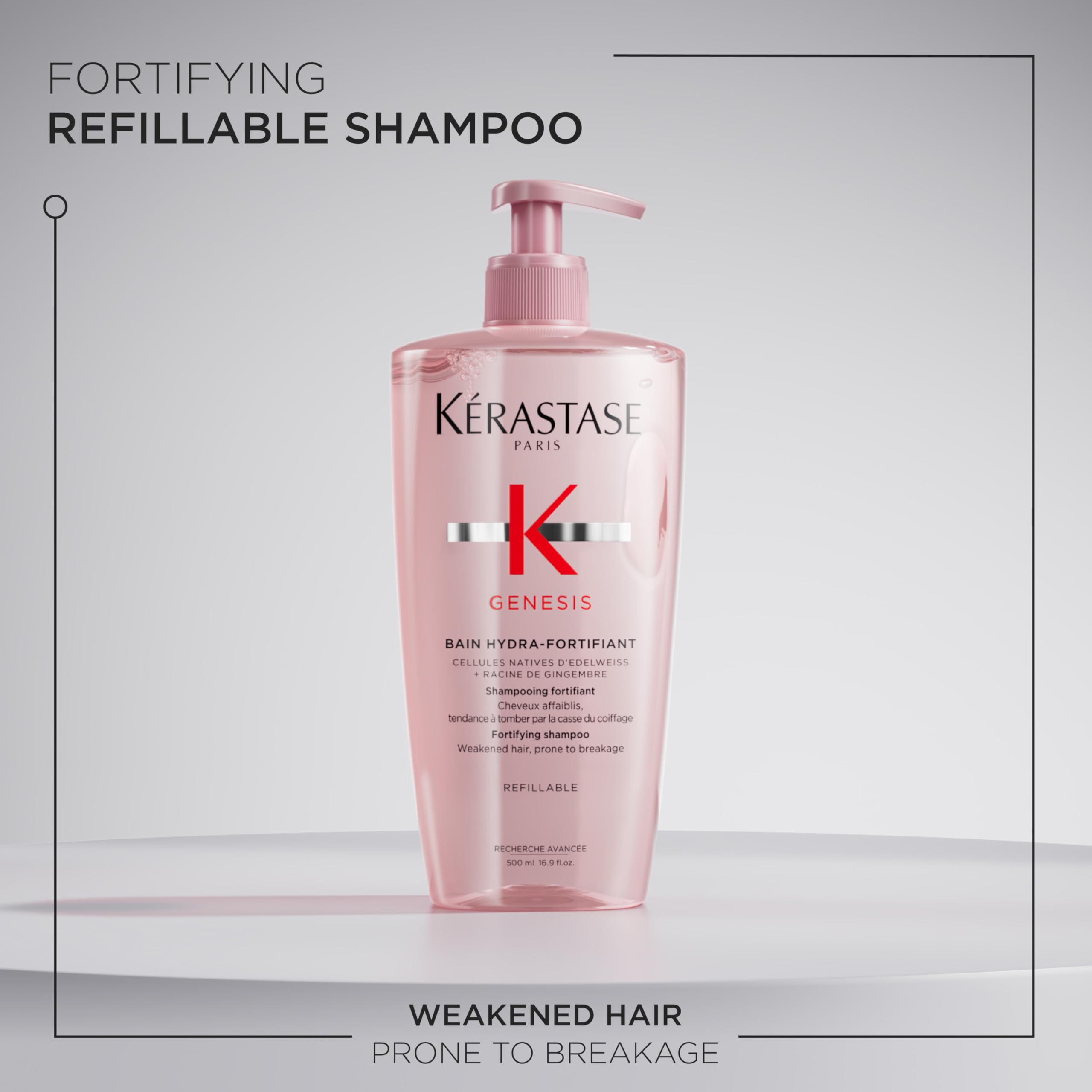 Kerastase Genesis Shampoo Hydra-Fortifiant Refillable Bottle - Fortifies & Reduces Breakage, Provides Immediate Hydration & Softness, For Weakened Hair, 13.5 Fl Oz