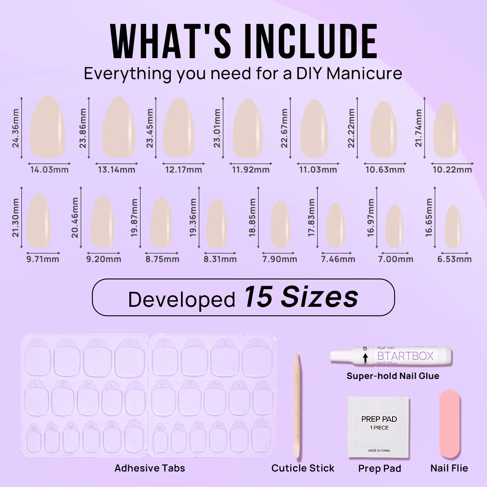 Press On Nails Medium- BTArtbox Almond False Nails with Glue, 30Pcs Soft Gel Fake Nail in 15 Sizes, Reusable Semi-Transparent Stick on Nails for Woman, Glazed Donut