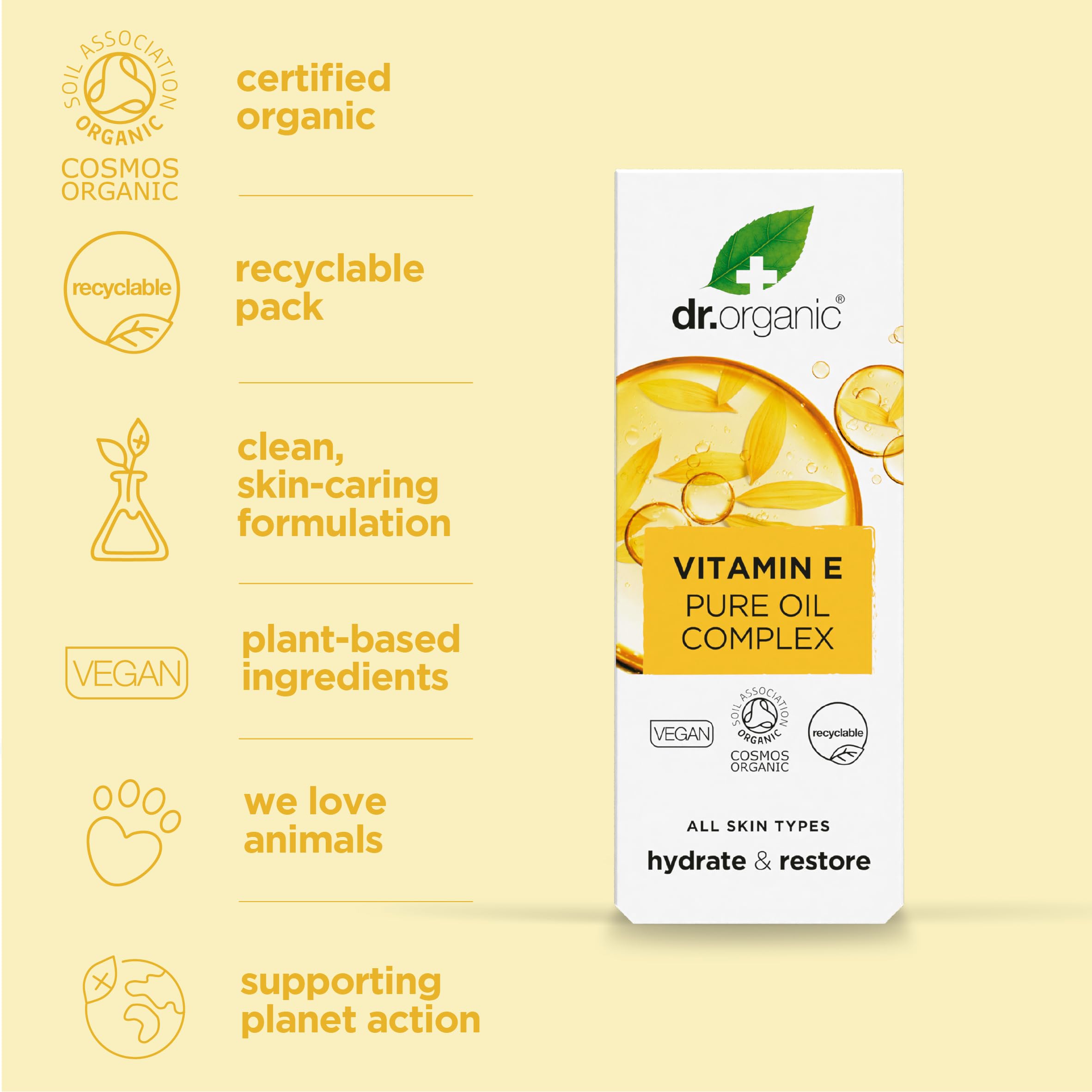 Dr. Organic Vitamin E Pure Oil Complex | Nourishes and Protects Skin, Enhances Elasticity, Natural, Certified Organic, Paraben & SLS-Free, 50 mL / 1.7 fl oz