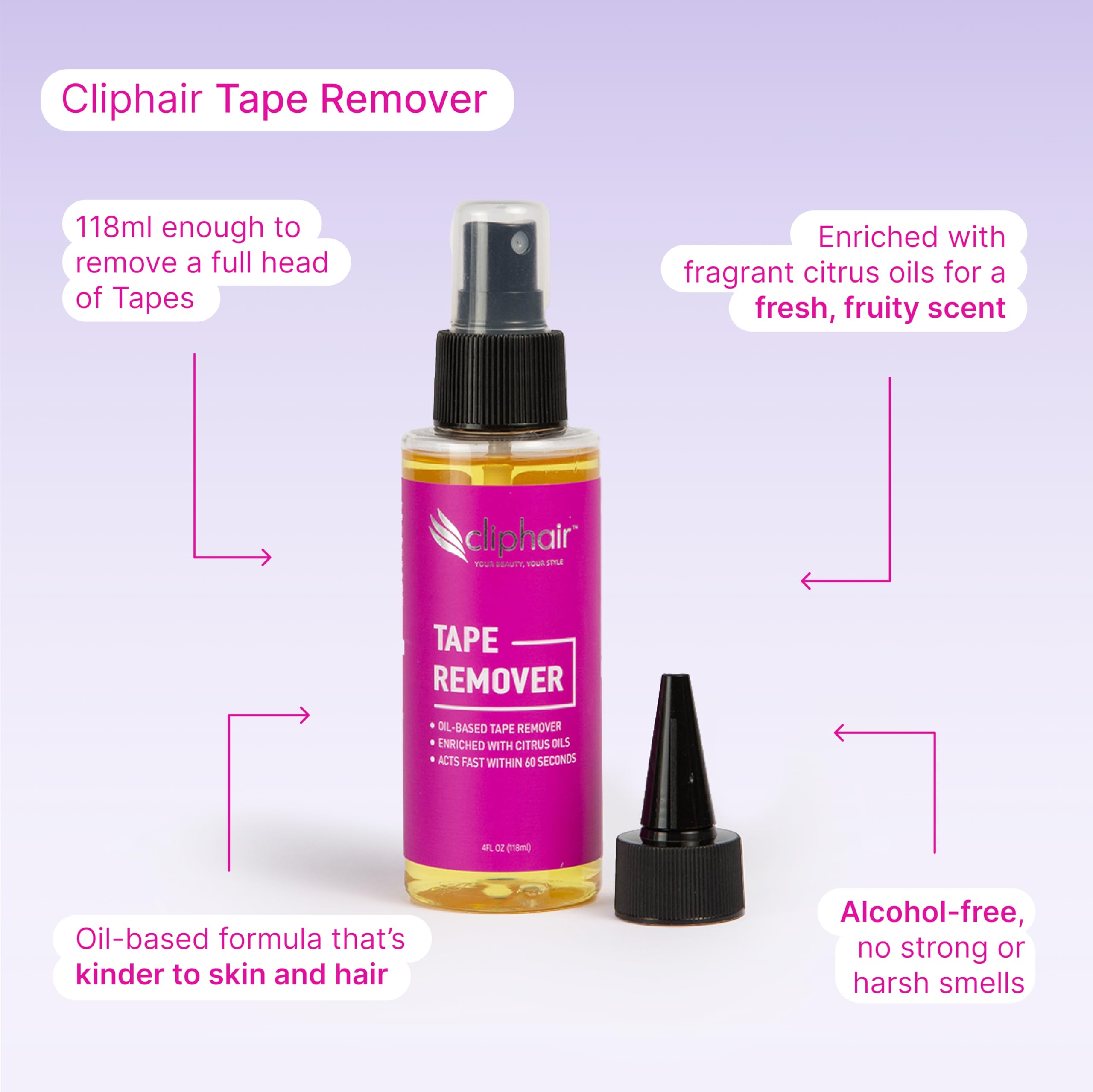 Cliphair Tape Hair Extensions Remover 118ml, Easy to Use Tape Remover Hair Extensions 4 FL oz, Citrus Oil Enriched Adhesive Tape Remover
