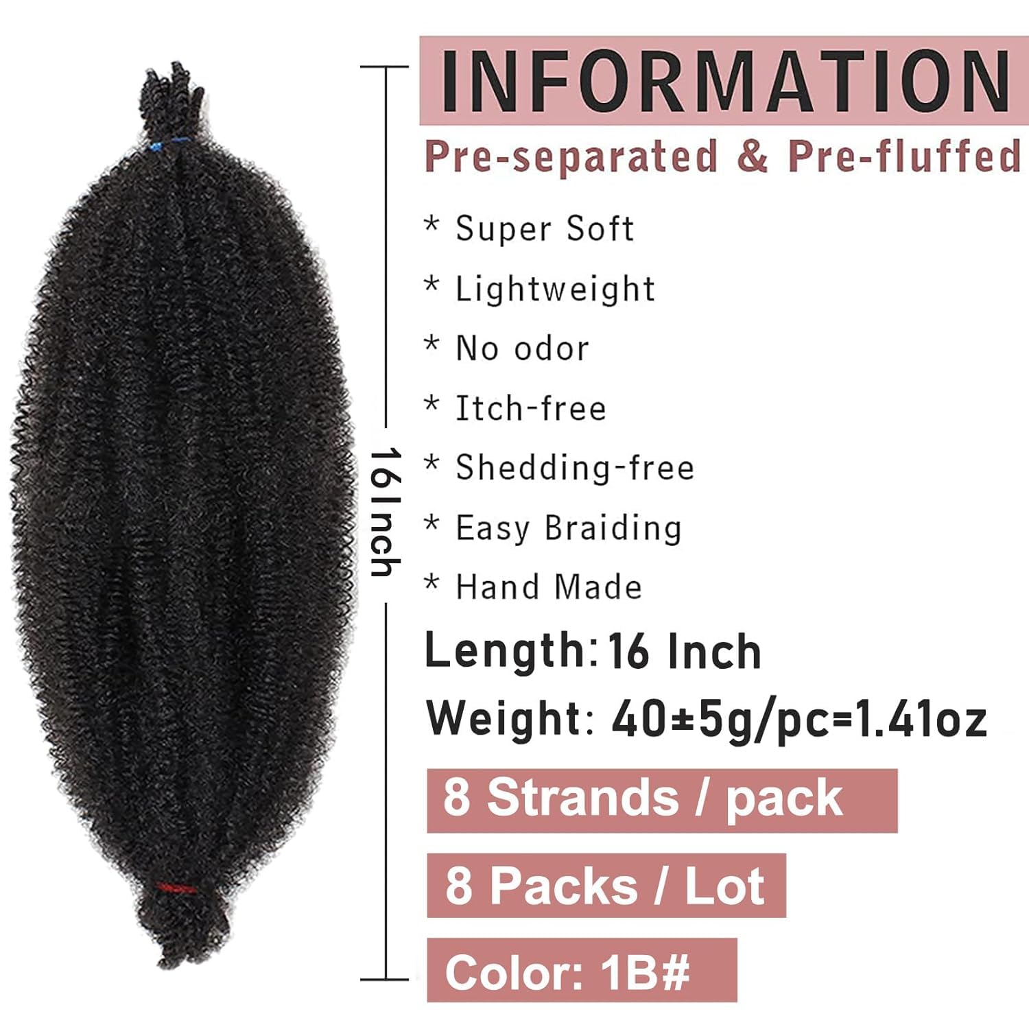 XTREND 8 Packs 16 Inch Soft Springy Afro Twist Hair Pre-Separated Spring Twist Hair for Faux Locs Natural Black Marley Twist Crochet Braiding Hair Synthetic Hair Extensions for Black Women 1B#