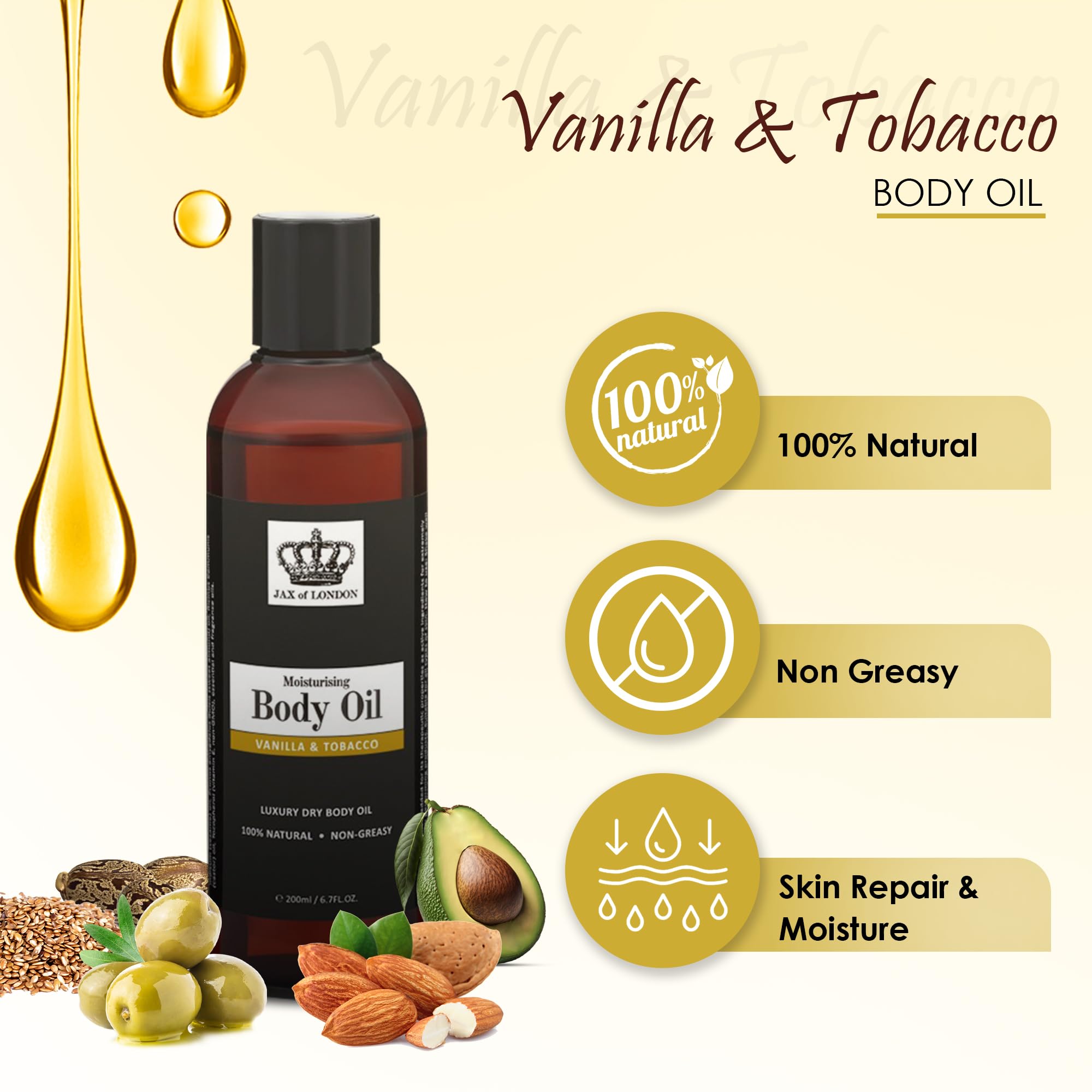 Jax of London Tobacco & Vanilla Body Oil 200ml, Inspired Body Oil, Moisturising Massage Oil for Skin, Body Oil for Dry Skin, Suitable for Massage, Firming, Aromatherapy & Relaxation Womenβs fragrance
