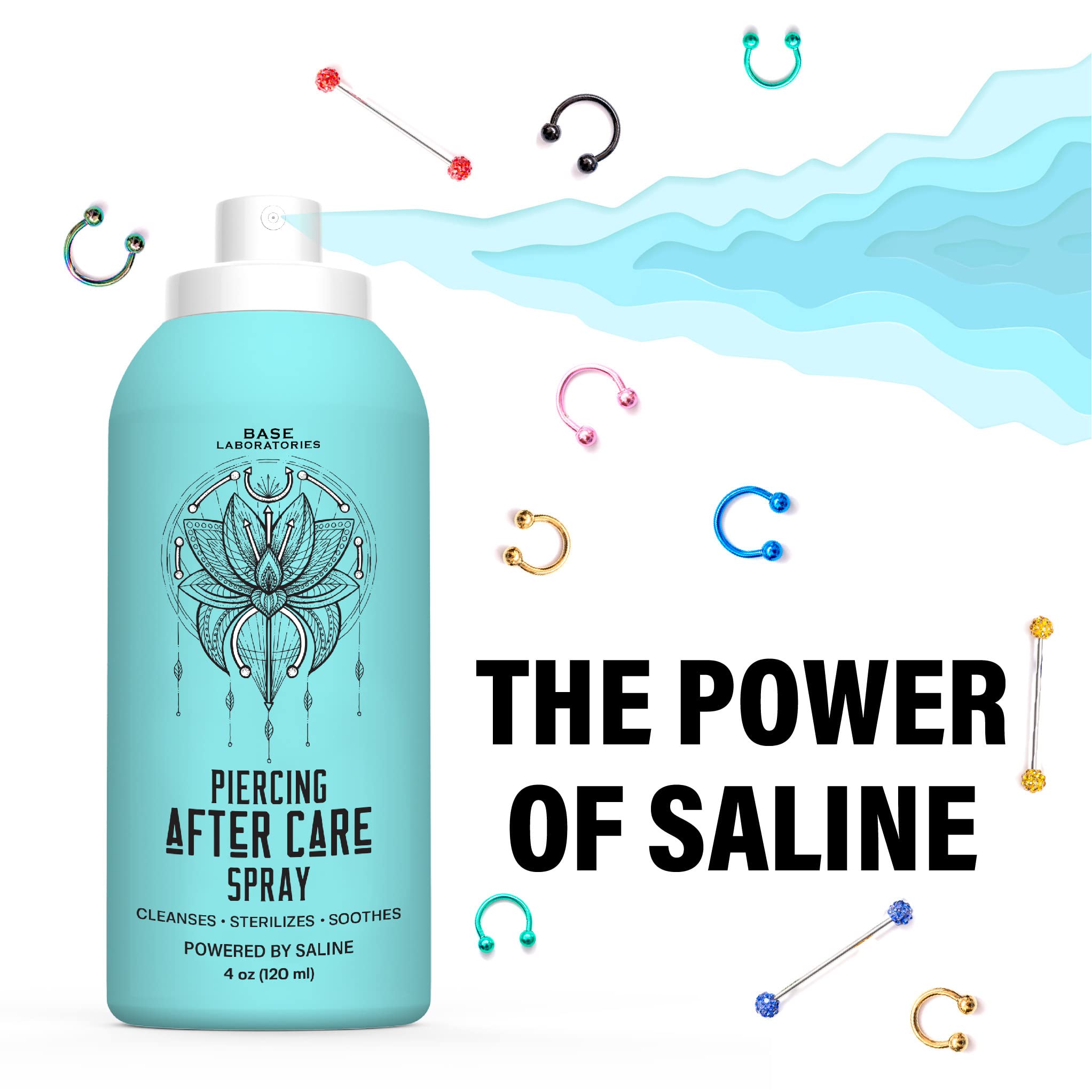Base Labs Piercing Aftercare Spray Piercing Cleaning Solution | 240ml | Saline Solution Piercing | Cleanses & Soothes for Keloid Bumps on Ears & Nose - Saline Aftercare Spray - 2PK & 1PK (70CT)