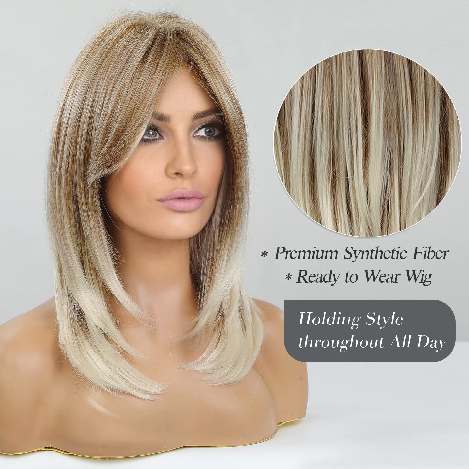 HAIRCUBE Long Blonde Wigs for Women, Synthetic Hair Shoulder-Length Wig with Fringe