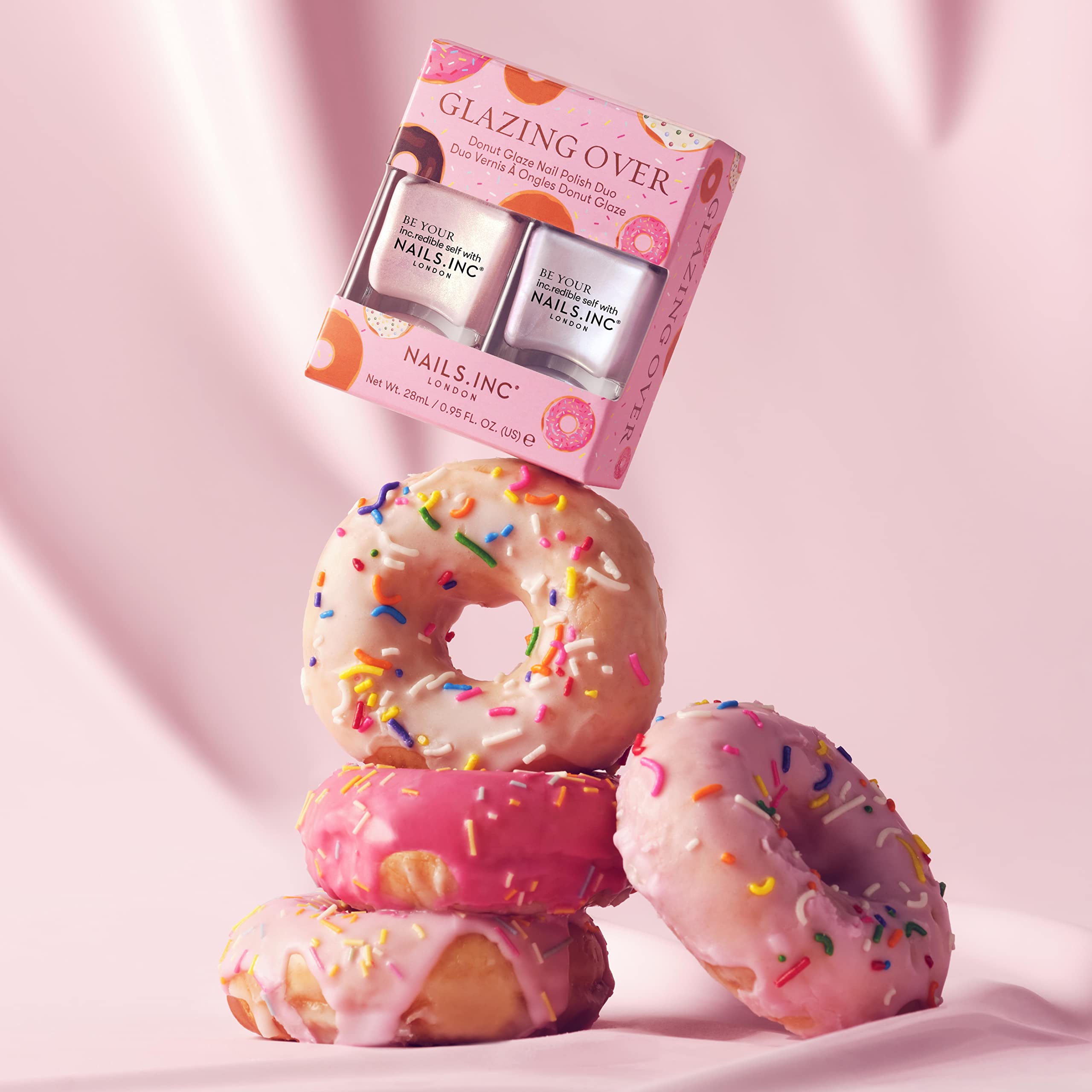Nails.INC Glazing Over Nail Polish Duo, Long Lasting Glossy Nail Color, Cruelty Free, Vegan, Includes Glazy For You and Donut Give Up