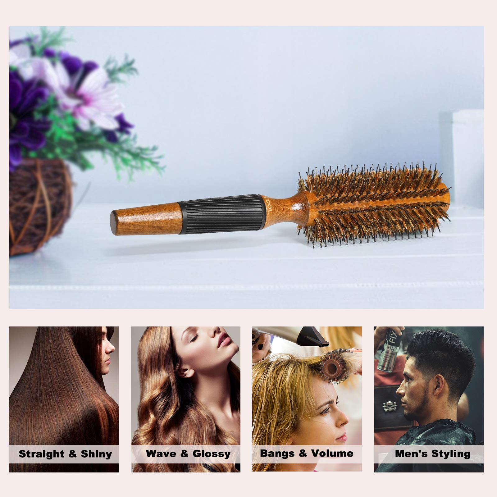 BESTOOL Round Brush for Blow Drying, Boar Bristle Round Hair Brush with Wooden Barrel, Large Styling Brush for Women & Men, Straightening, Curling, Adding Shine or Volume (2.2 Inch)