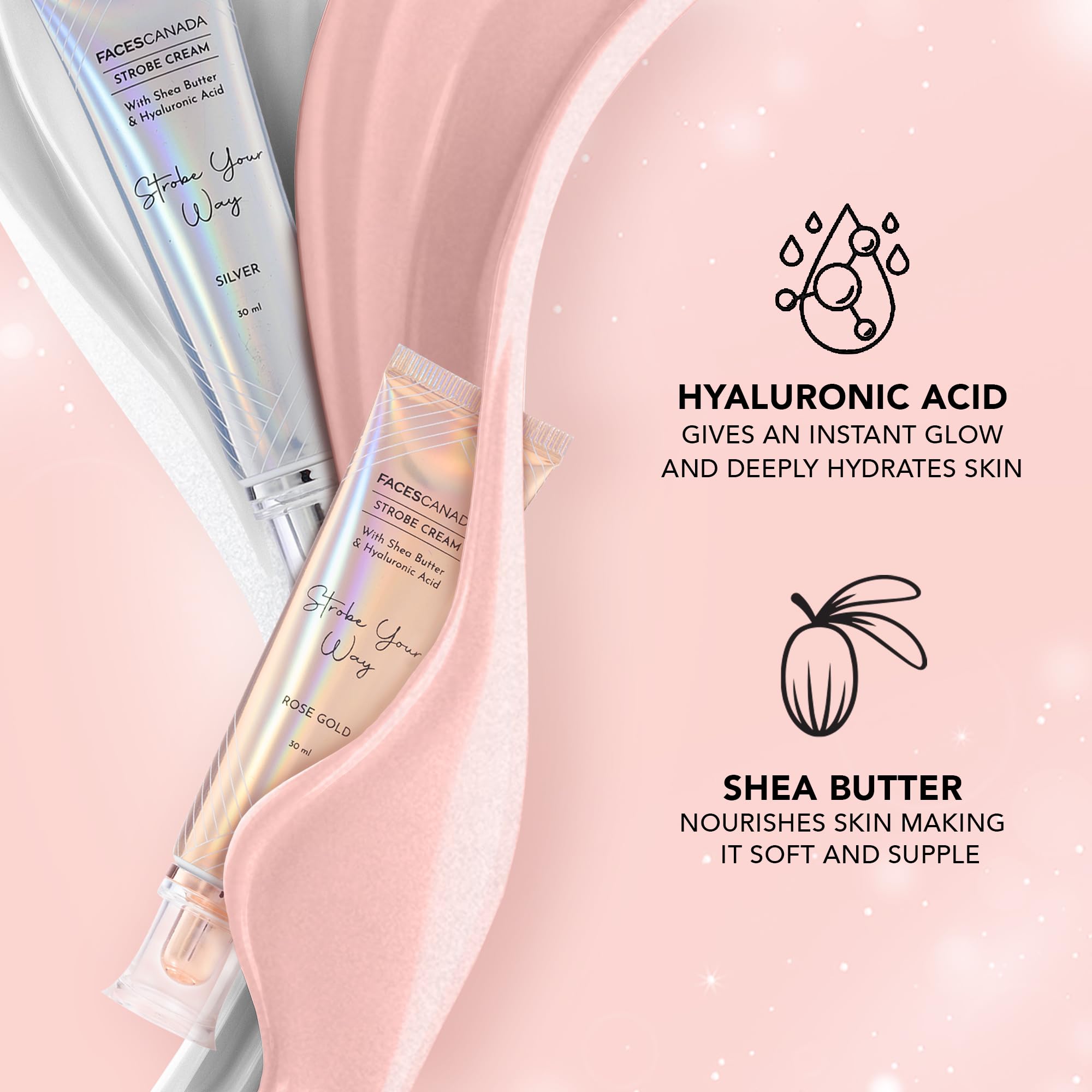 FACESCANADA Strobe Cream - Rose Gold | with Shea Butter & Hyaluronic Acid | Hydrating & Illuminating Makeup | for Radiant Dewy Skin | 1.01 Fl Oz (30ml)