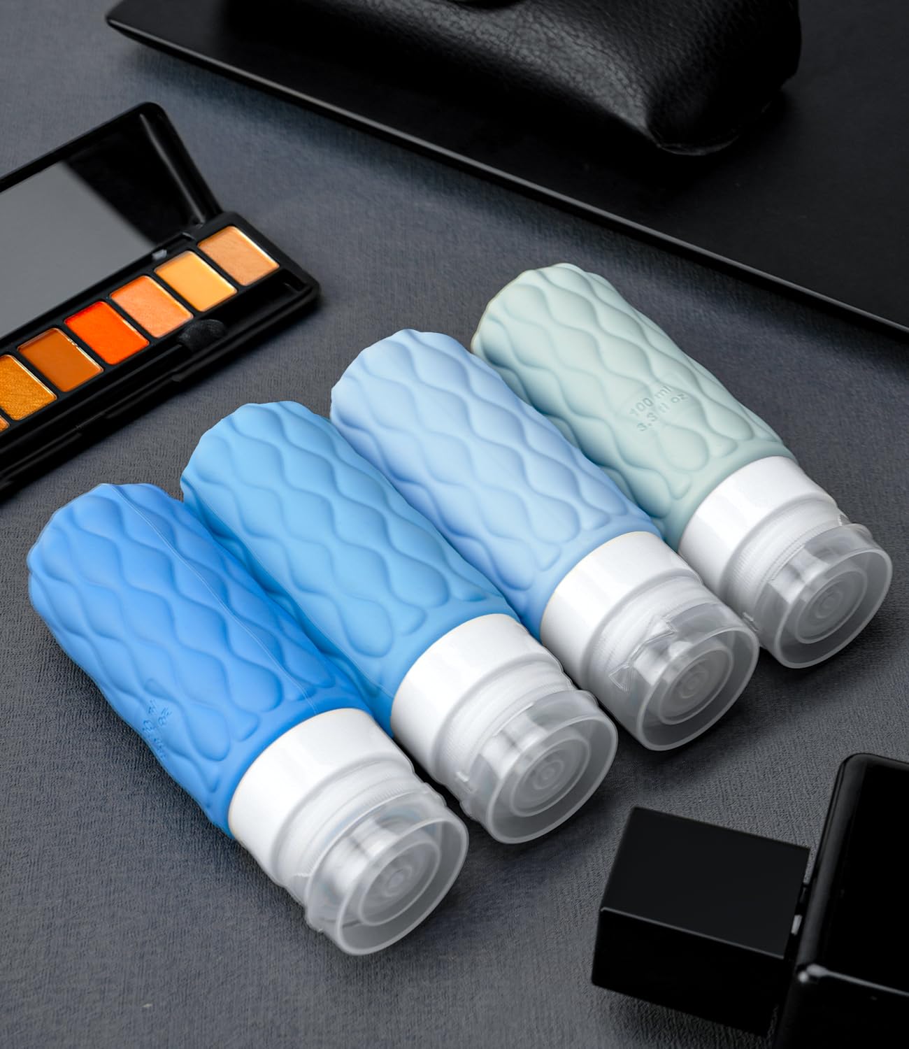 4 Pack Travel Bottles for Toiletries with Labels, 100 ml Silicone Travel Bottles Set with Clear Zipper Toiletry Bag, Leakproof Refillable Squeeze Travel Size Containers for Shampoo Conditioner