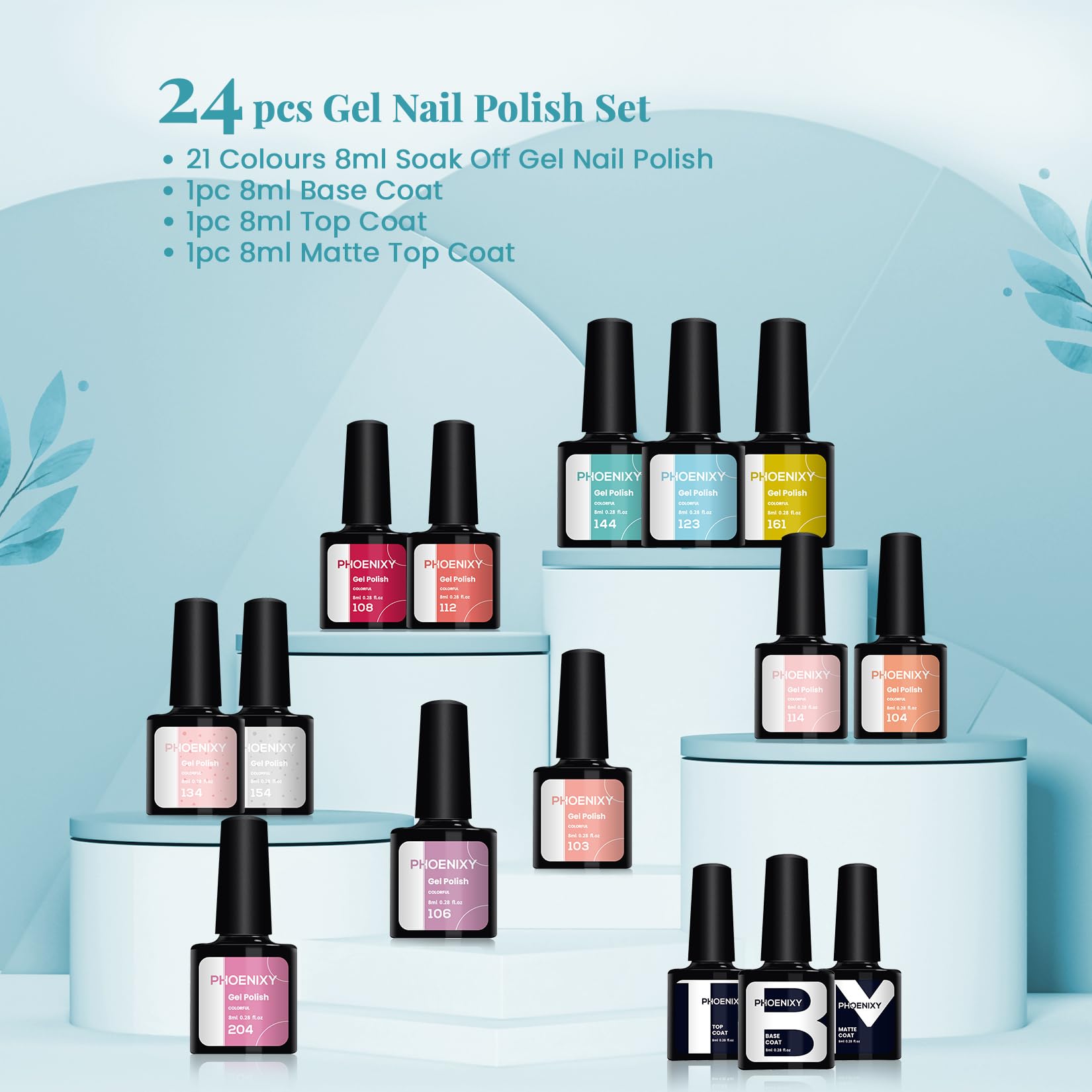 Gel Nail Polish Set, Phoenixy 21 Colours U V Gel Nail Polish Nail Varnish Set Base and Top Coat Nail Gift Set for Women 