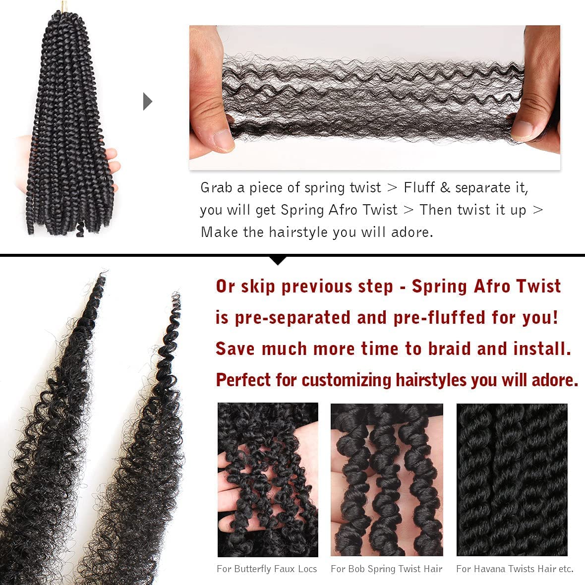 XTREND 8 Packs 16 Inch Soft Springy Afro Twist Hair Pre-Separated Spring Twist Hair for Faux Locs Natural Black Marley Twist Crochet Braiding Hair Synthetic Hair Extensions for Black Women 1B#
