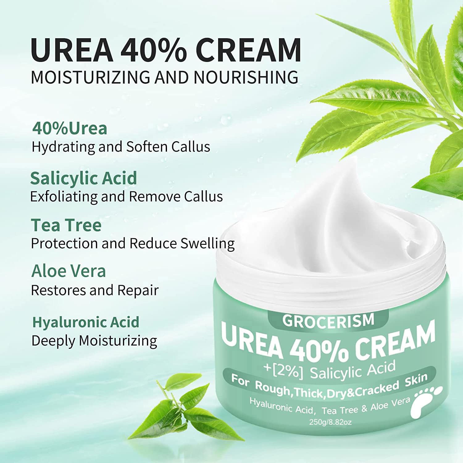 Urea Cream 40 Percent For Feet Plus 2% Salicylic Acid 250g || Foot Cream and Hand Cream Maximum Strength with Hyaluronic Acid, Tea Tree, and Aloe Vera for Deep Moisturizes