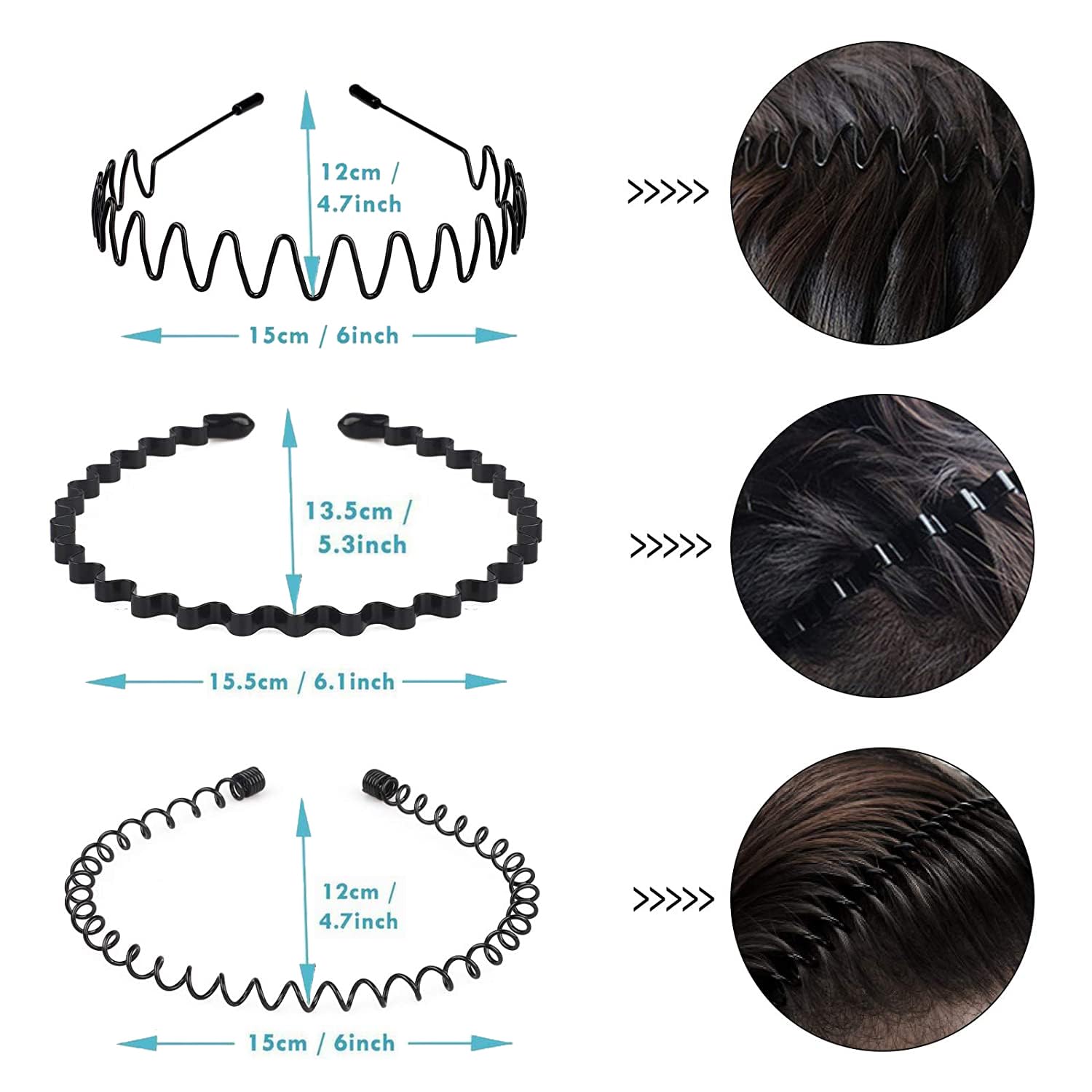JERLITU Men's Elastic Wavy Metal Headbands, Non-slip for Outdoor Sports and Everyday Wear (6pcs)