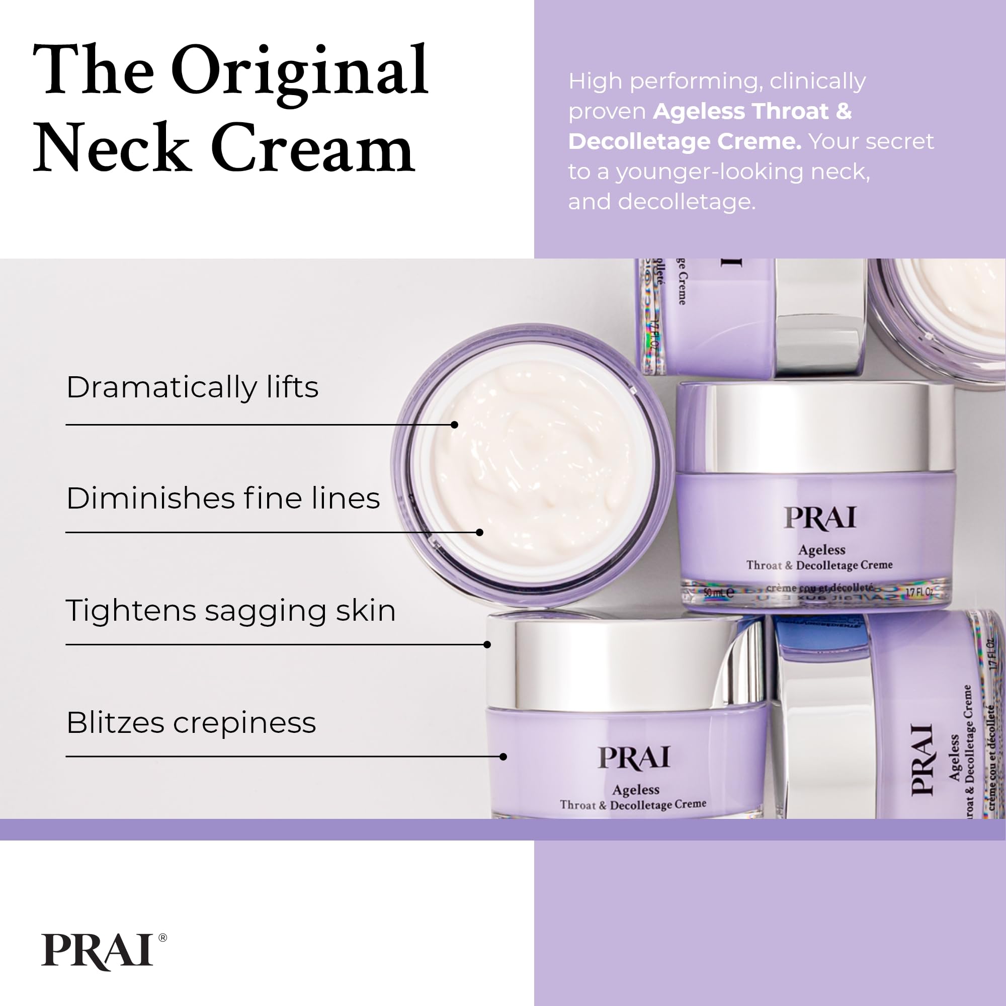 PRAI Ageless Throat & Decolletage Creme 50ml - Anti-Ageing, Collagen Boosting Skincare Cream - Tightens & Firms Skin, Reduces Wrinkles - Luxury Neck Moisturiser With Hyaluronic Acid - 7 Day Results