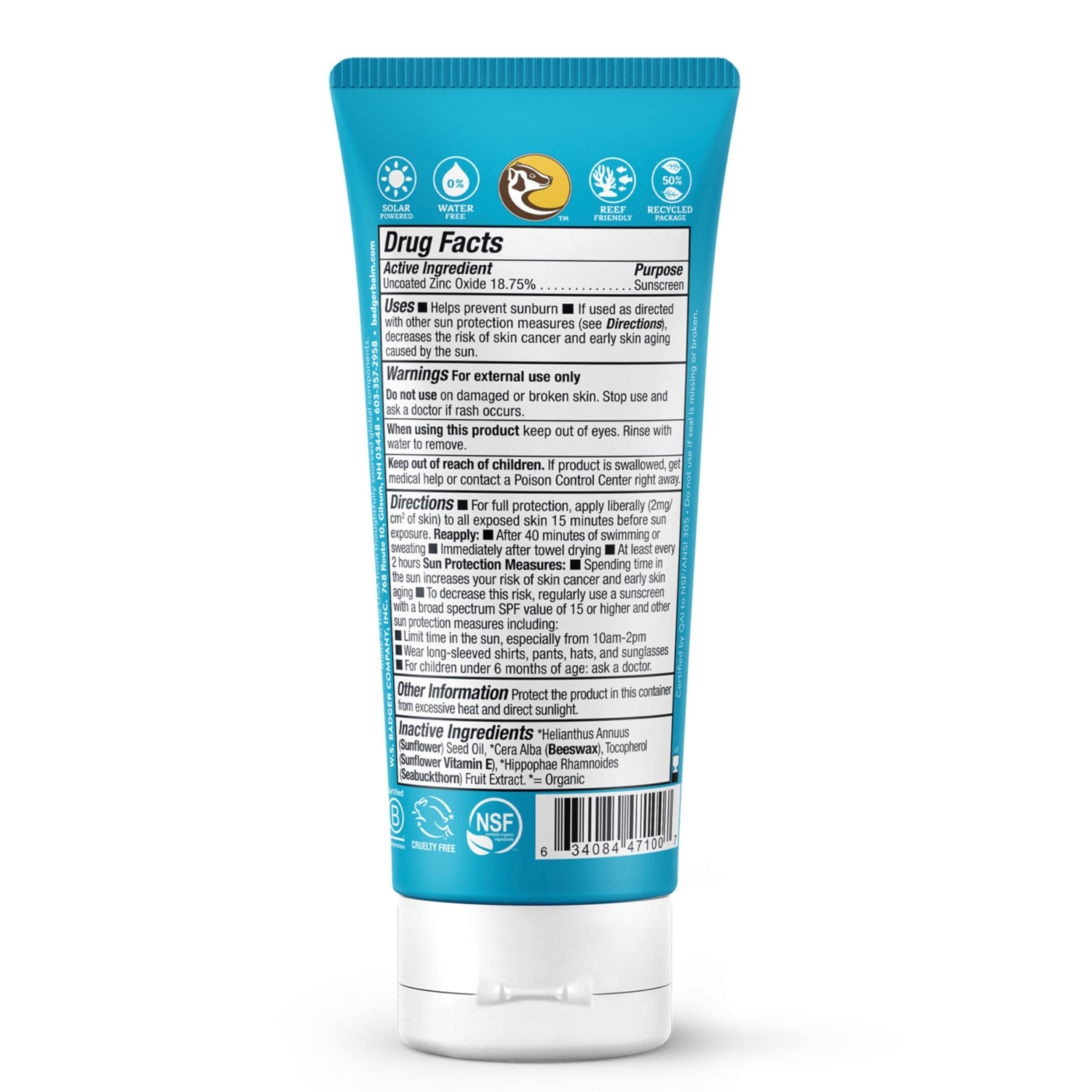 Badger Active Mineral Sunscreen SPF 30 | Broad-spectrum & Water Resistant | Moisturises & Protects Skin (87 ml)
