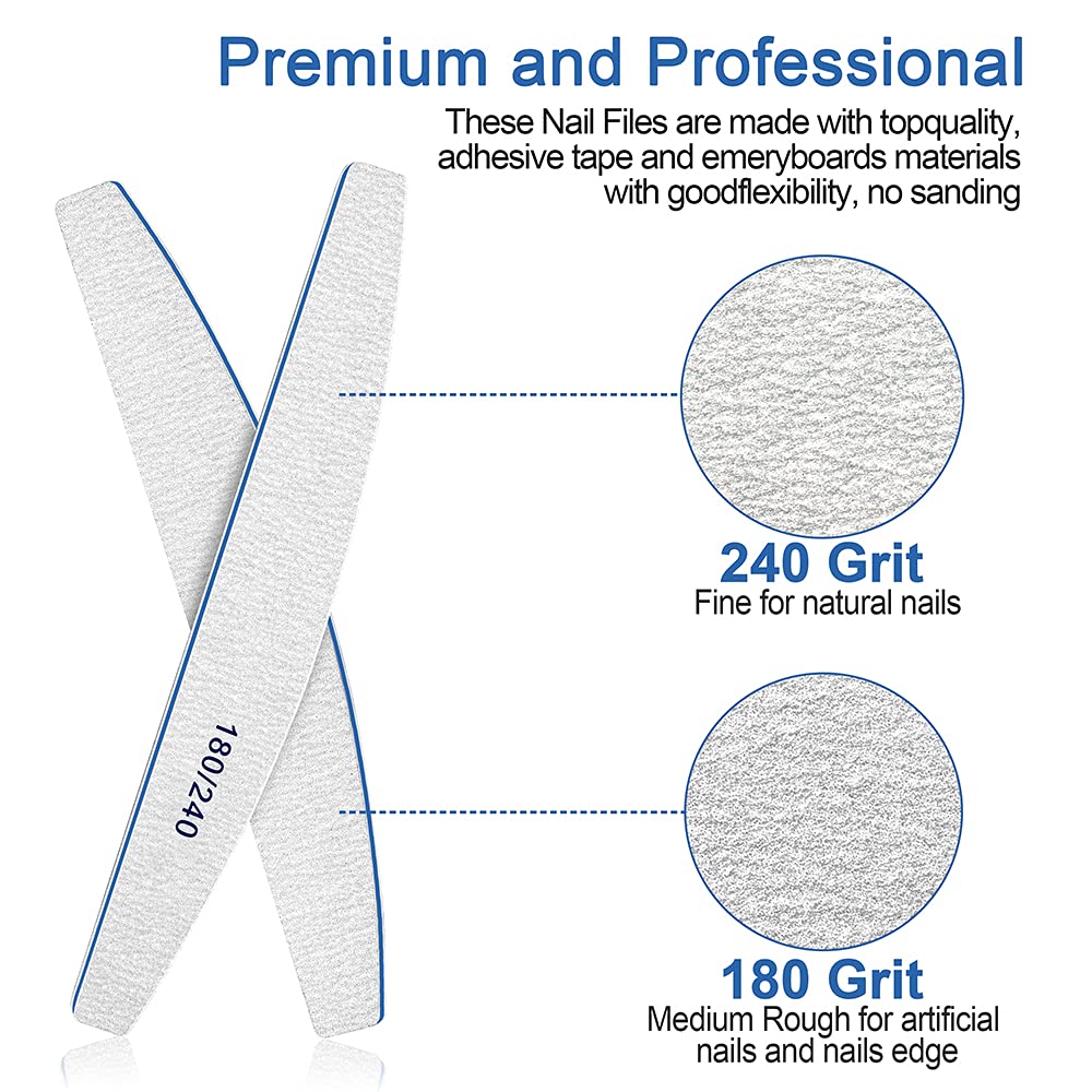 BLESWIN Nail Files, 50Pcs Nail File Professional 180/240 Grit, Nail Files for Natural Nails, Nails File Set Washable and Reusable, Emery Board for Nails