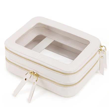 Prite Large Clear Makeup Bag with Gift Box Double Sided Cosmetic Case Two Layer Travel Toiletry Bag with Zippers and Compartment (Beige)
