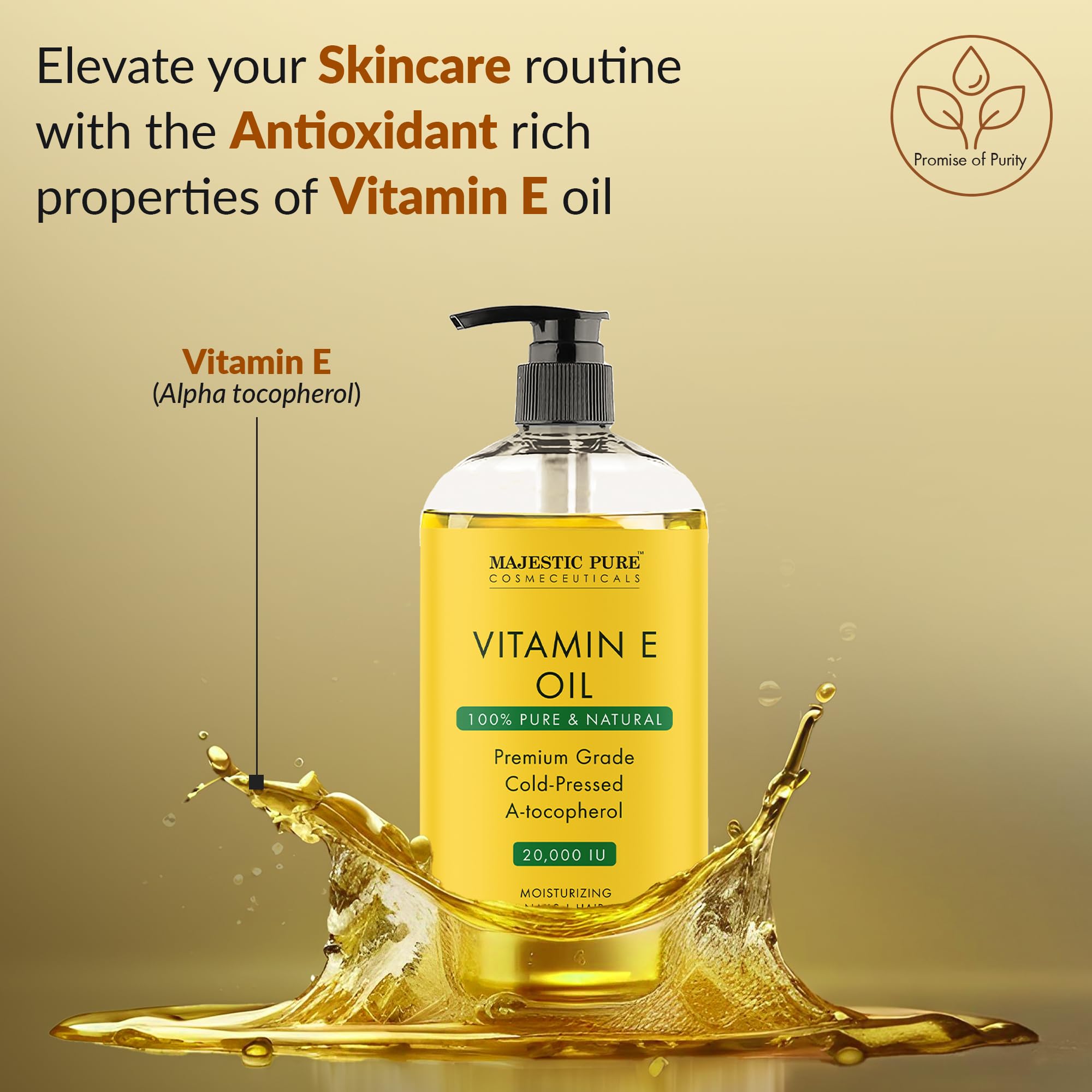 MAJESTIC PURE Vitamin E Oil | 100% Pure and Natural Cold Pressed Vitamin E oil for Skin, Scars, Face, Nails, Hair, Scalp | 20,000 IU | Non-GMO Verified | Hair & Body Oil | 8 Fl Oz