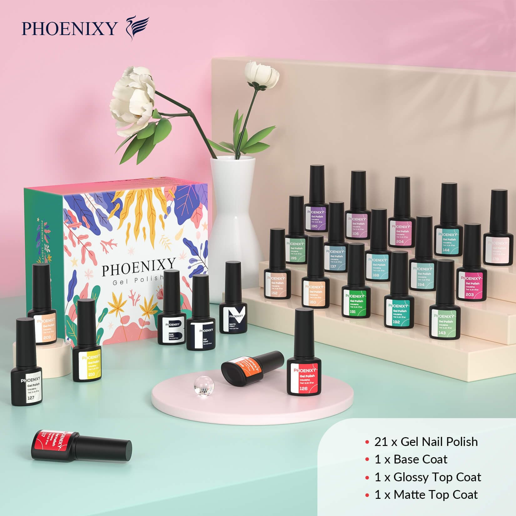 Phoenixy Gel Nail Polish, 21 Colours Nail Polish Starter Kit Soak Off Gel Polish Nail Varnish Set Base and Top Coat Gifts Set for Women
