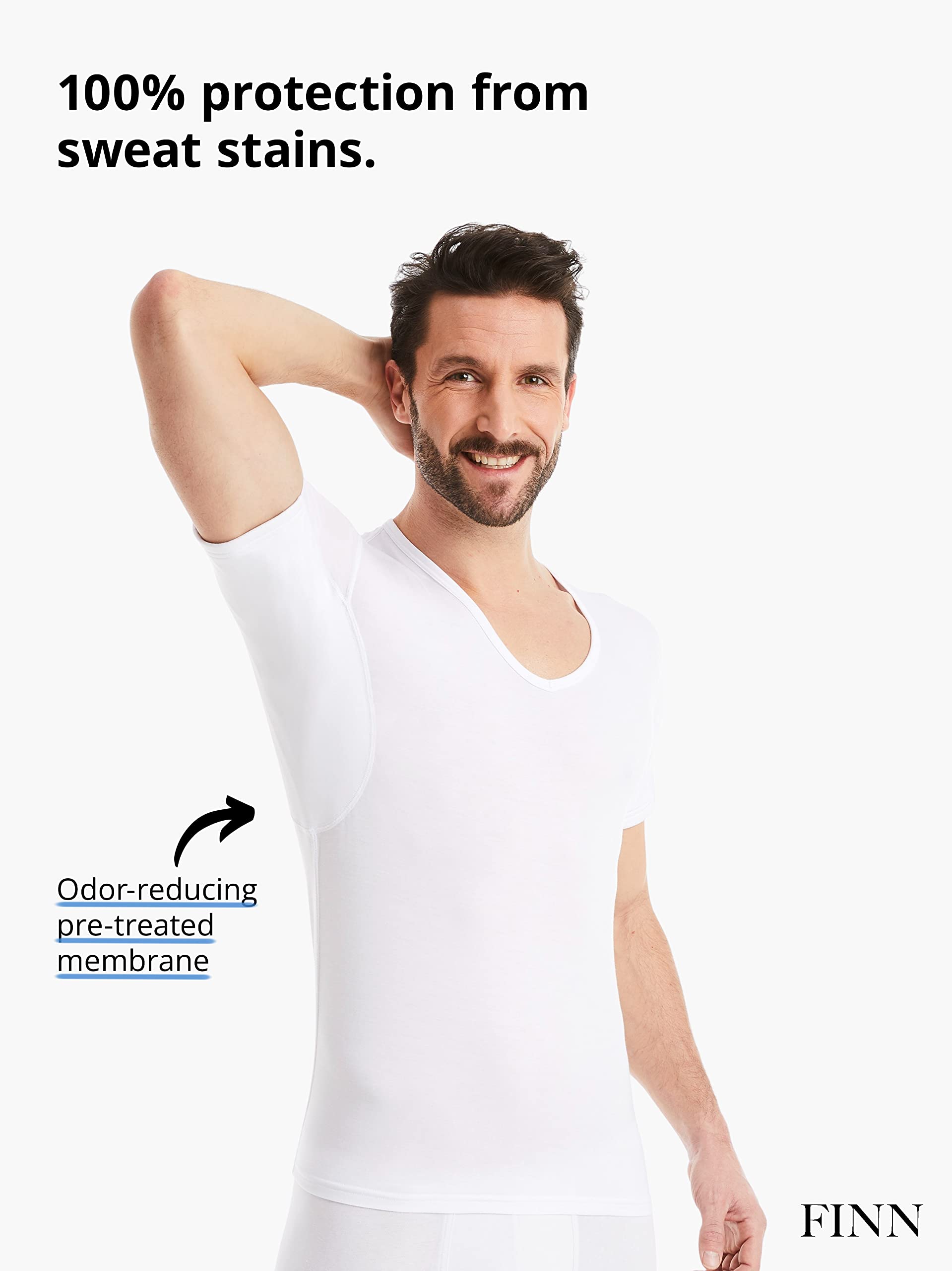 FINN Anti-Sweat Men's Shirt with V-Neck and Built-in Armpit Sweat Pads to Combat Excessive Sweating - Undershirt with Guaranteed Protection Against Sweat Stains and Odour White M