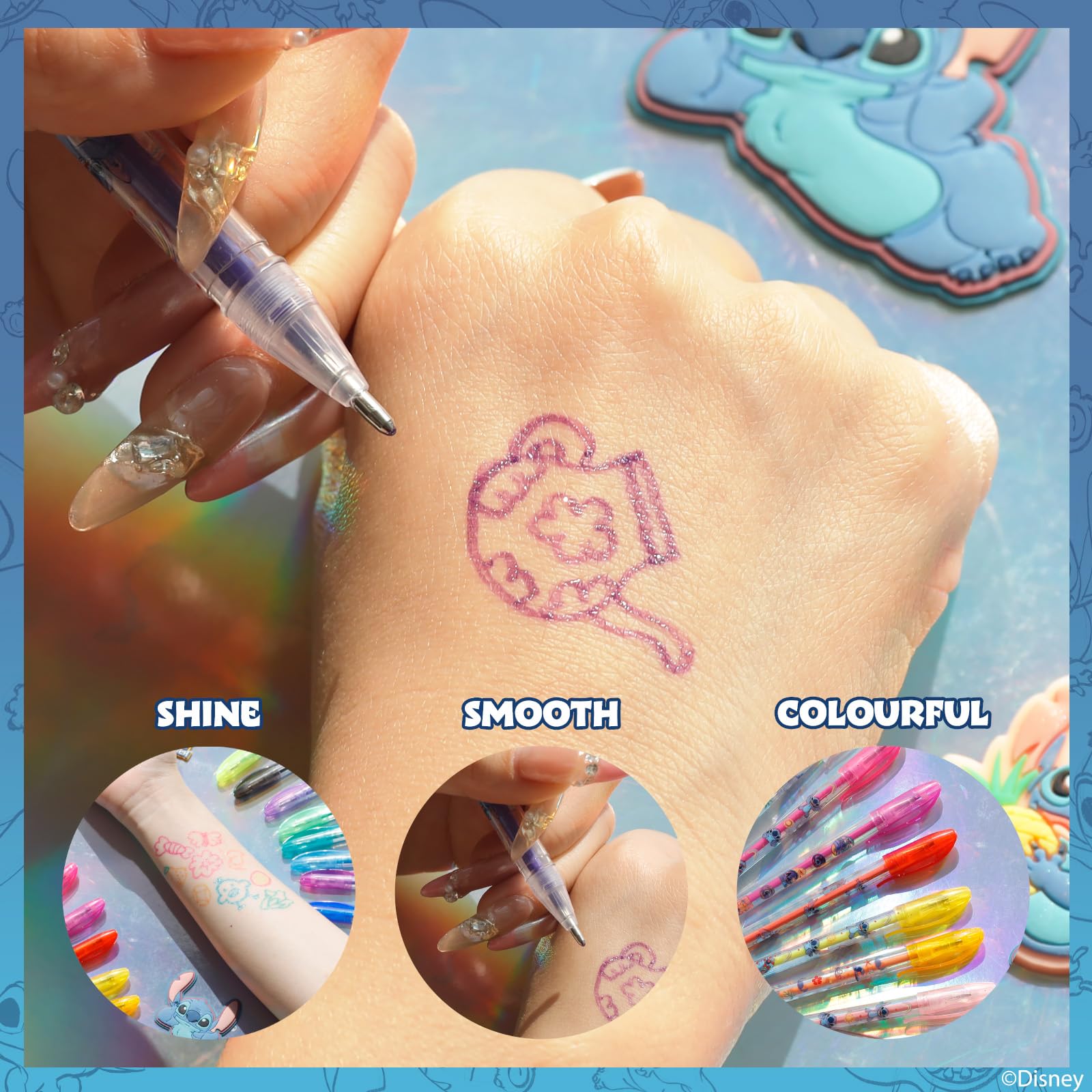 Stitch 16 Piece Glitter Pen Body Art Set, Glittery and Bright Colors, Ages 3+, By Townley Girl