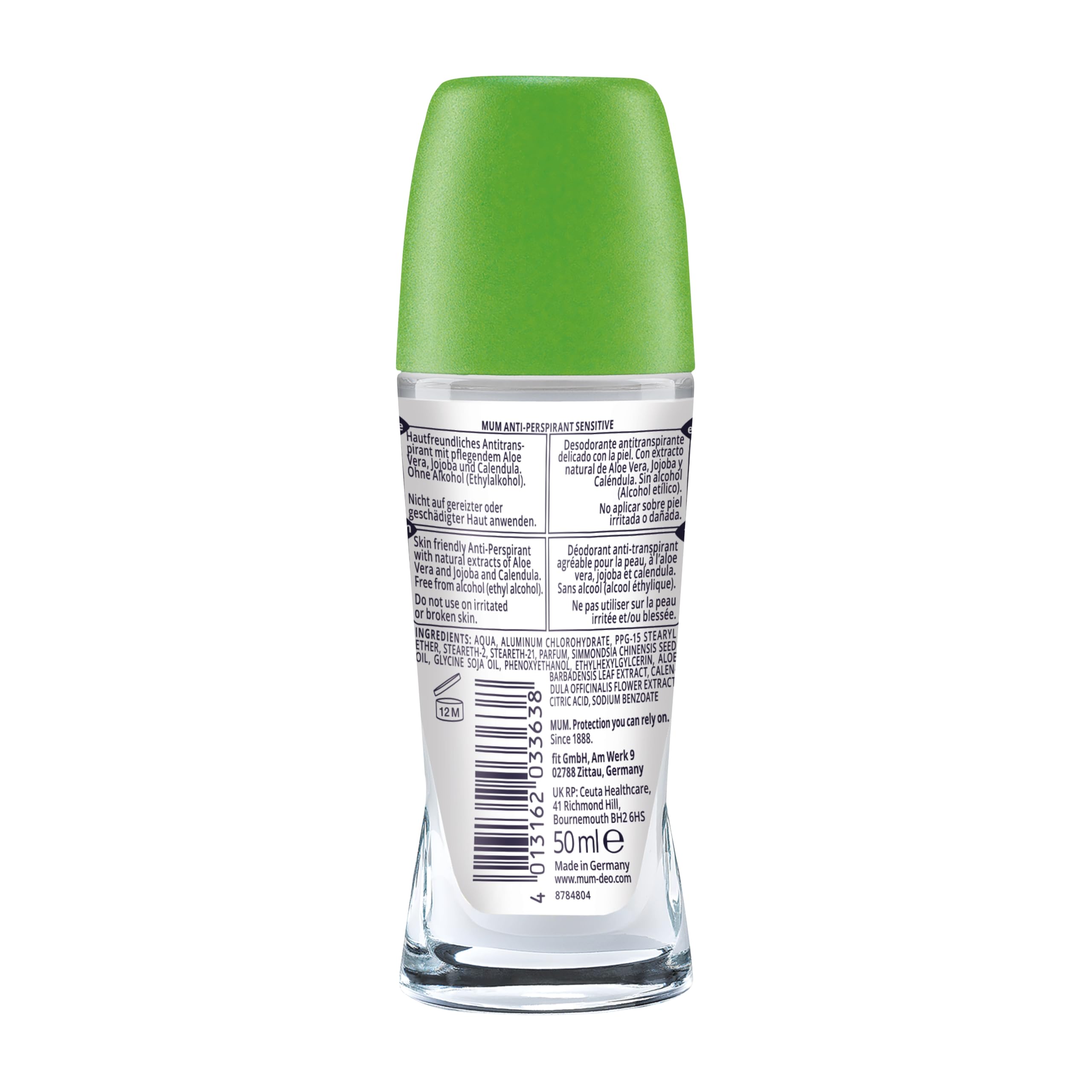 Mum Sensitive Aloe Vera Roll On Deodorant, 48 Hours Plus Protection, Alcohol Free for Sensitive Skin Womens Mens Deodorant, Anti-Perspirant, Vegan, Sustainable Glass Bottle, 50 ml, Pack of 6