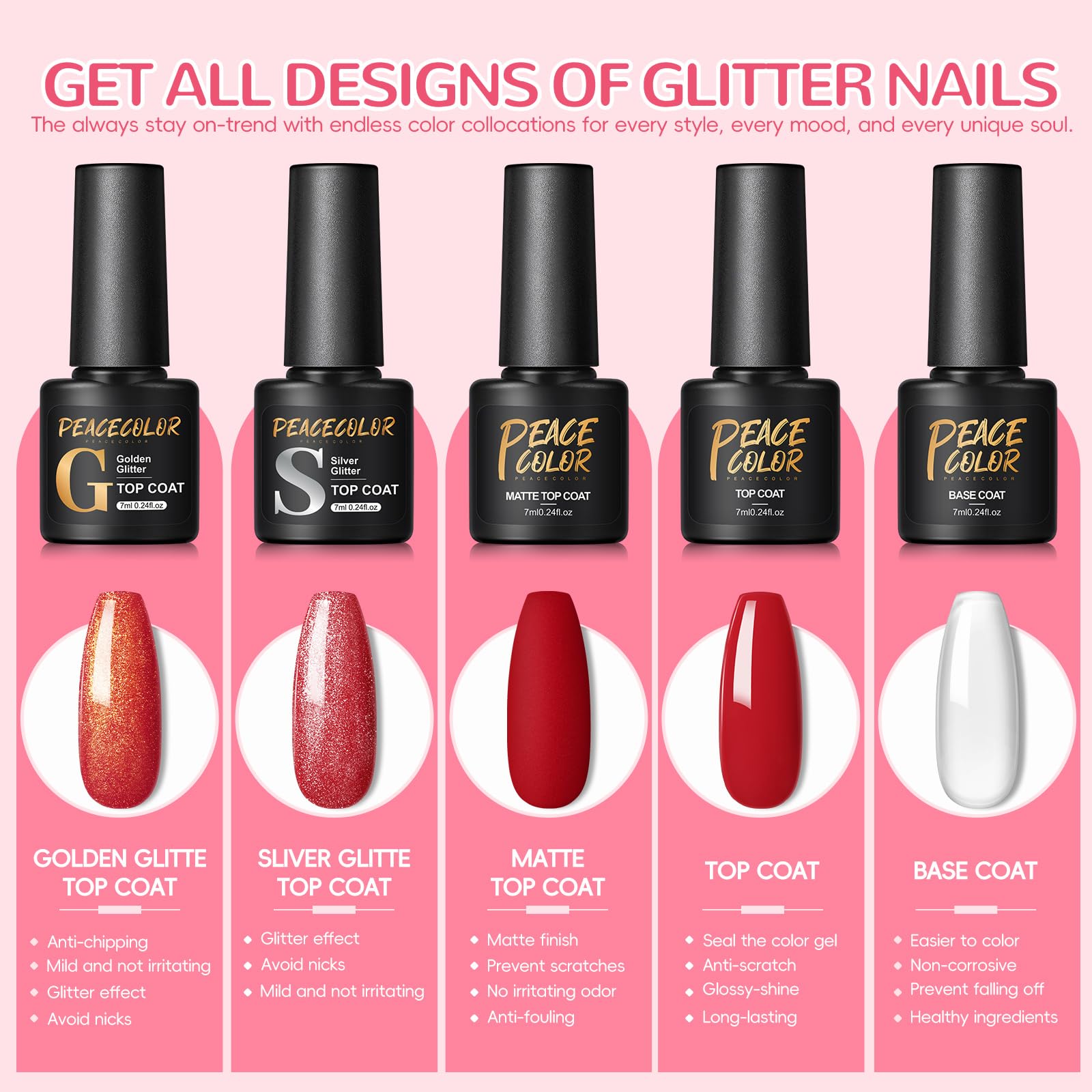 PEACECOLOR 60PCS Gel Nail Polish Set: Gel Nail Polish Starter Kit White Nude Glitter Red Colours with Base Coat and Glitter Matte & Glossy Top Coat Manicure Kit DIY Home Gifts for Women
