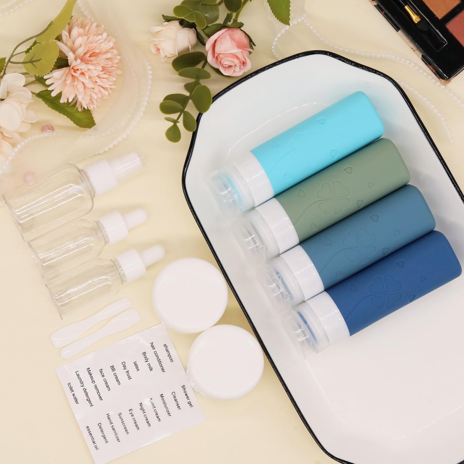 SAHMVER 12 Pcs Travel Bottles for Toiletries, Travel Size Containers with Cream Jars, Airplane Travel Essentials Leak Proof Silicone Squeezable Travel Accessories for Shampoo Conditioner Lotion Cream