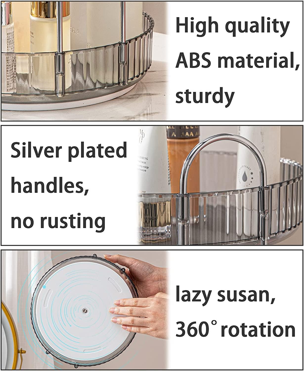 Bingobang Makeup Organiser 360 Rotating, Spinning 3 Tiers Skincare Cosmetic Organizer Acrylic Large, Tidy Storage Shelf for Perfume, Jewelery, Brush, Vanity Desk, Dresser, Bedroom, Bathroom (Grey)