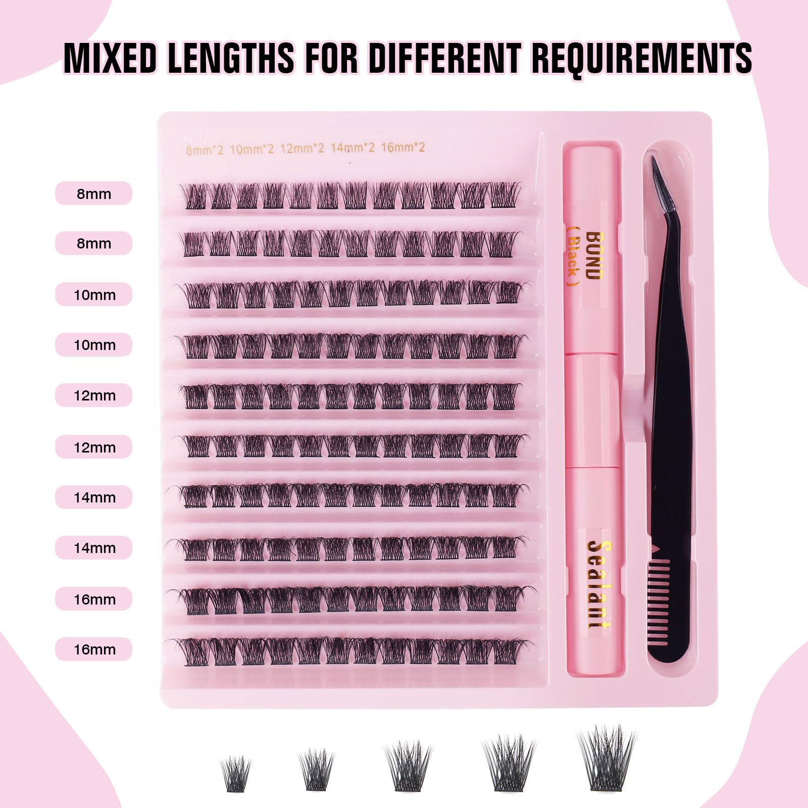 Sixstarhair Diy Lash Extension Kit 120 Pcs Cluster Lashes Glue Bond and Seal Cluster Eyelash Extensions Kit with Lash Tweezers D Curl Natural Wispy False Eyelashes Kit 8-16mm