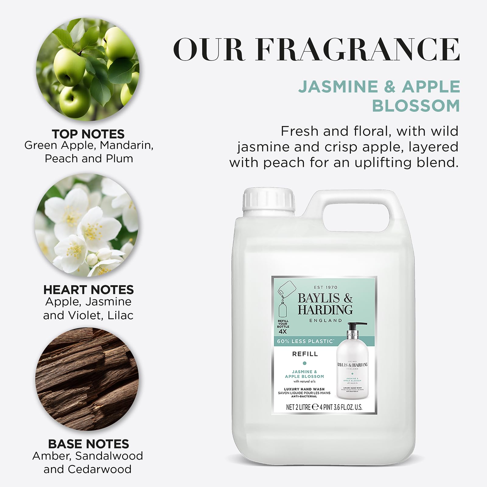 Baylis & Harding Jasmine & Apple Blossom Anti-Bacterial Hand Wash 2 litre Refill (Pack of 3 - Total 6 litres) - Vegan Friendly