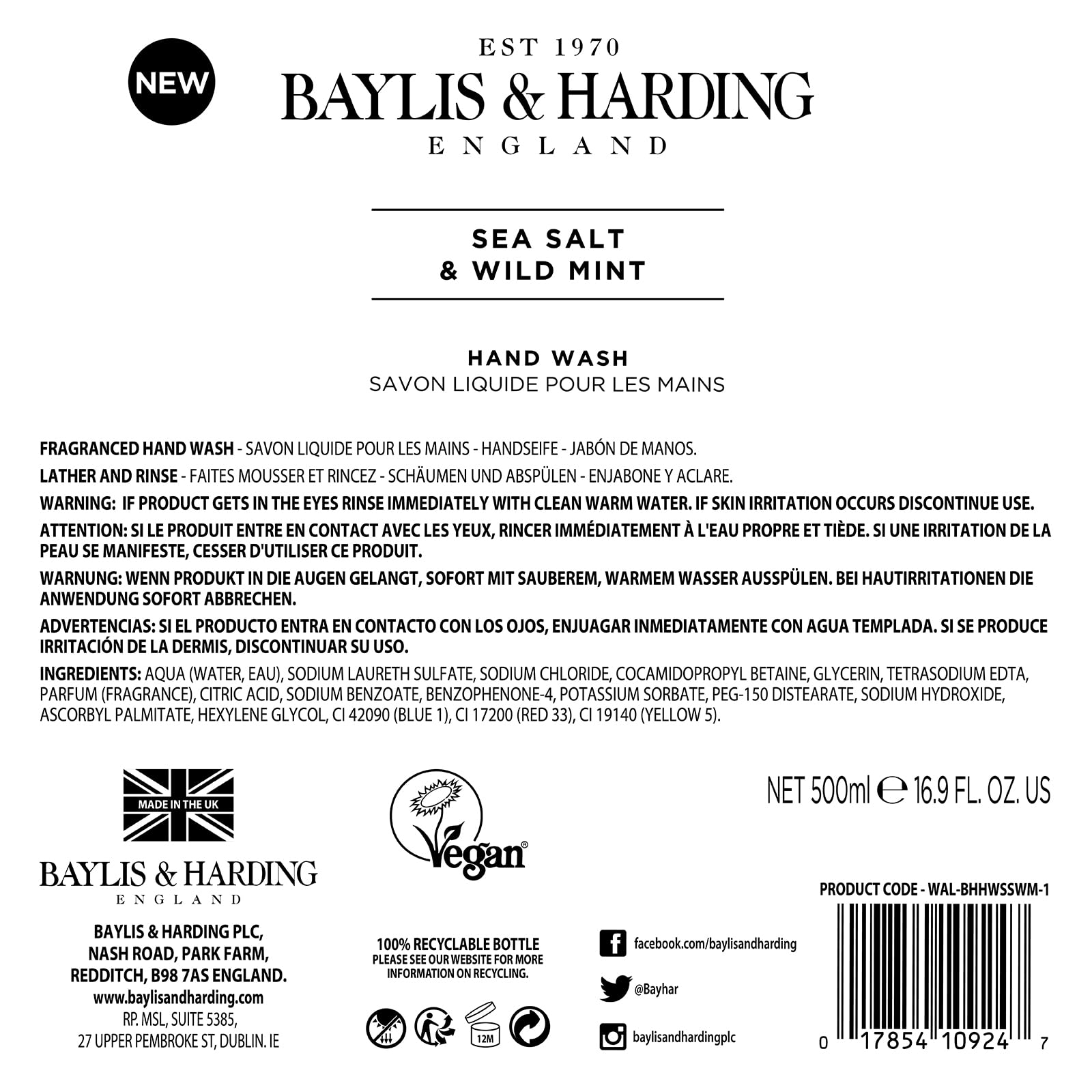 Baylis & Harding Signature Sea Salt & Wild Mint Hand Wash, 500 ml (Pack of 6) - Vegan Friendly