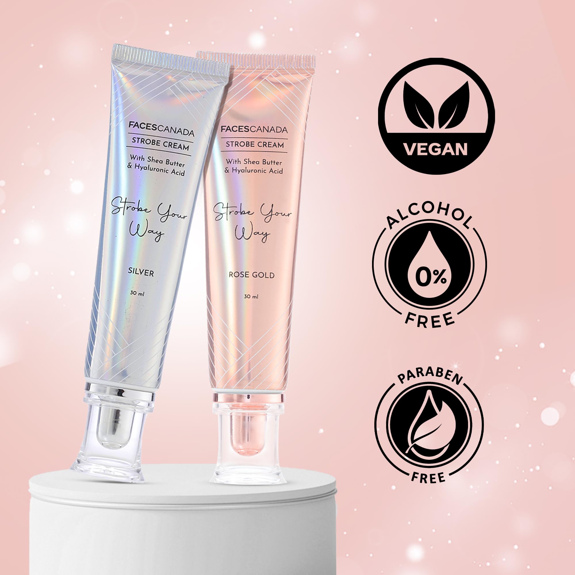 FACESCANADA Strobe Cream - Rose Gold | with Shea Butter & Hyaluronic Acid | Hydrating & Illuminating Makeup | for Radiant Dewy Skin | 1.01 Fl Oz (30ml)