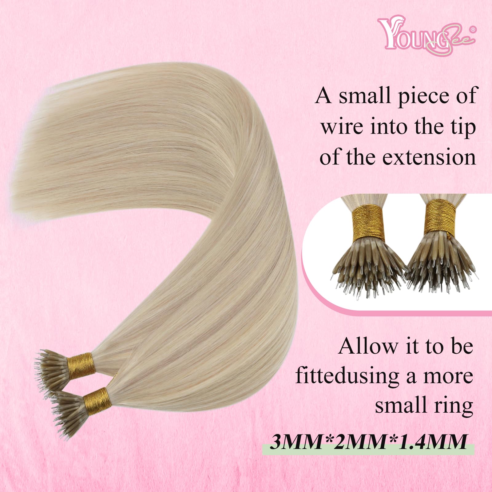 YoungSee Nano Hair Extensions Blonde 16inch Nano Bead Hair Extensions Human Hair Warm Ash Blonde Highlight Bleach Blonde Nano Ring Extension Highlights Soft 50s 50g