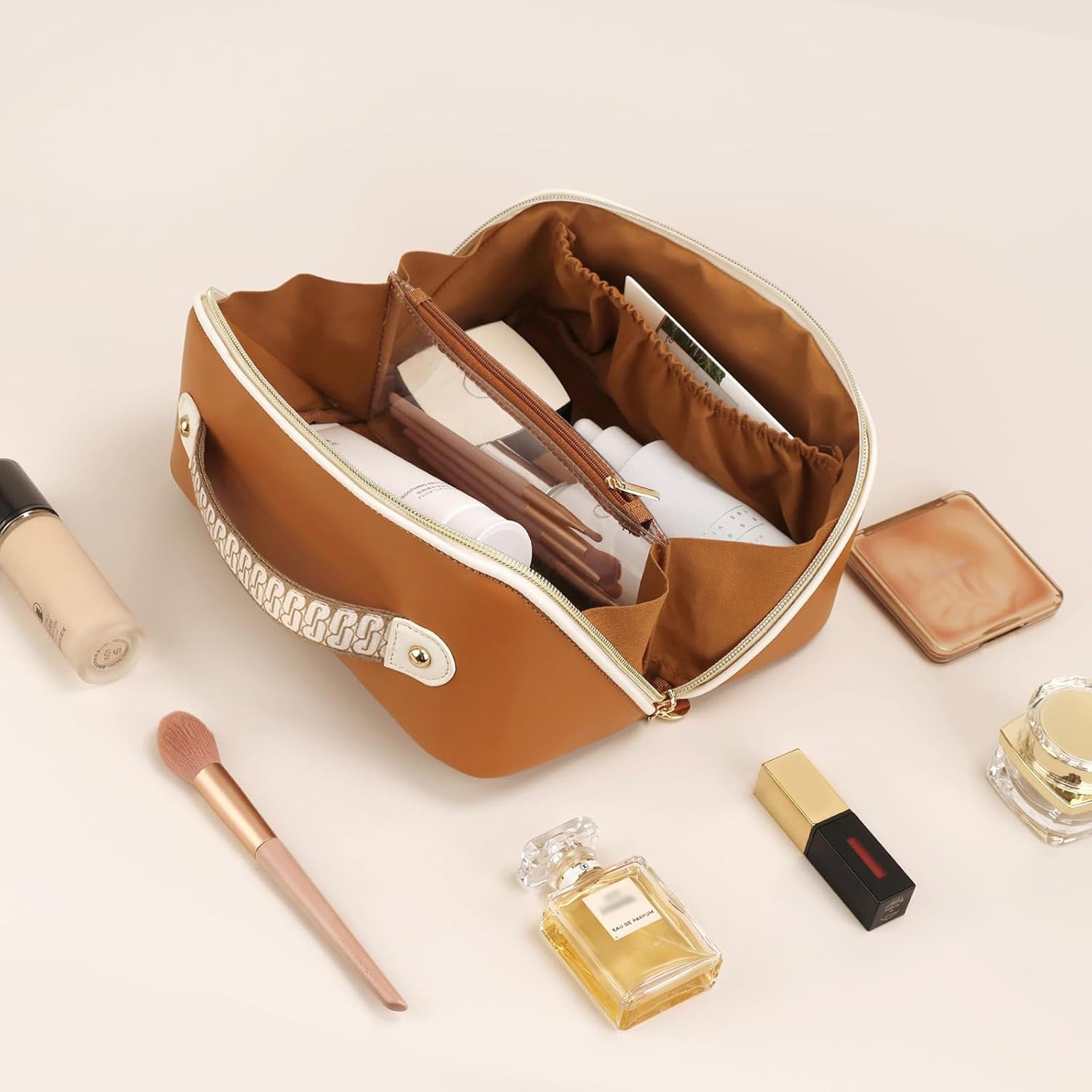 Prite Large Capacity Makeup Bag Portable Travel Cosmetic Bag Waterproof Toiletry Case with Clear Divider and Handle (Brown)