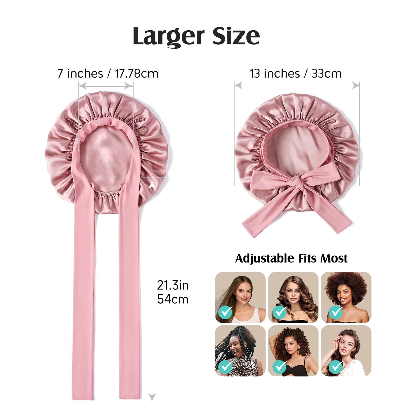 Umisleep 100% 22 Momme Mulberry Silk Bonnet for Sleeping Women, Larger Double Layer Silk Hair Wrap for Curly Short Long Hair, Non-Slip Sleep Cap Turban with Elastic Tie Band for Hair Care, Pink