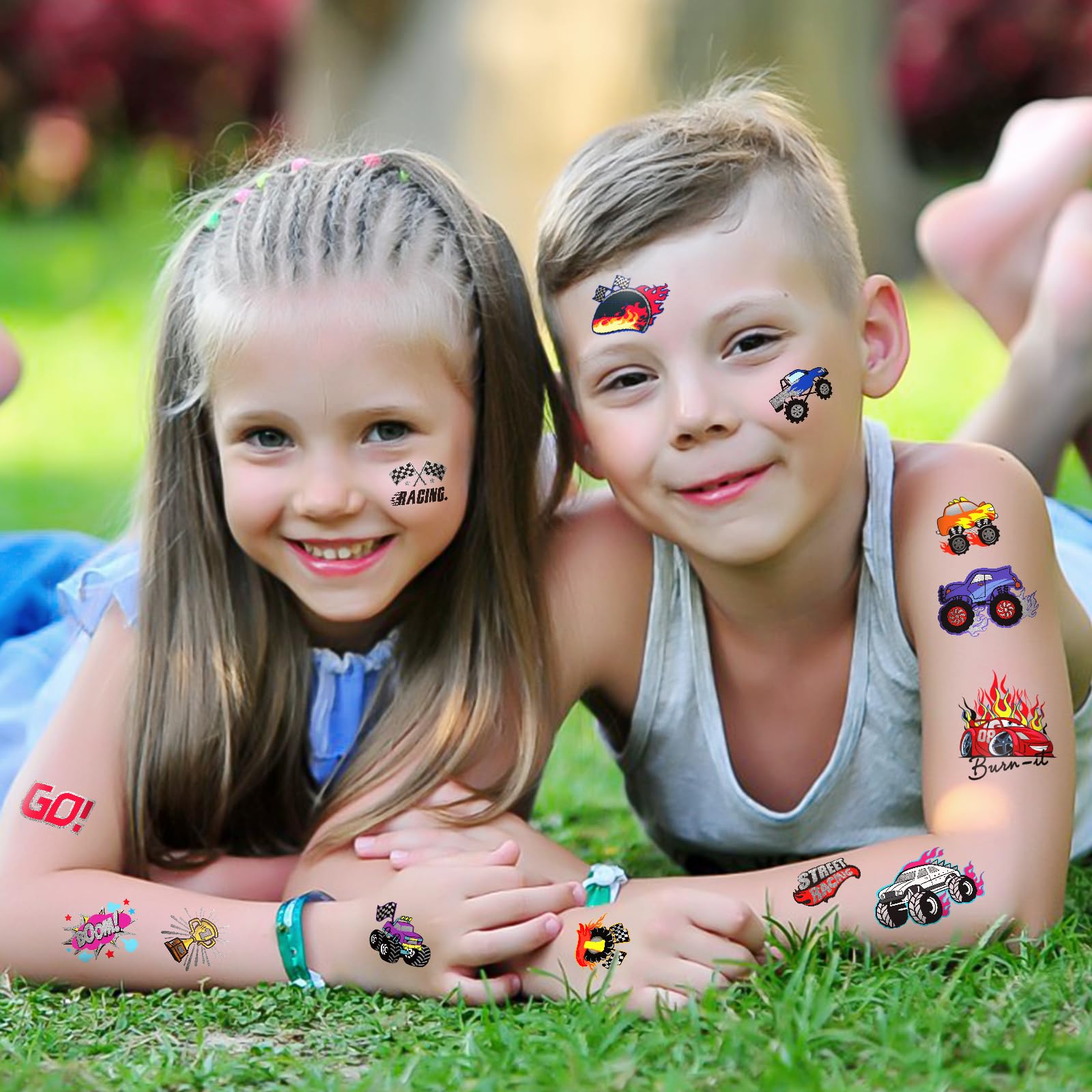 75 PCS Truck Temporary Tattoos for Kids, Groovy Metallic Styles Tattoos for Truck Wheels Birthday Party Supplies Racing Car Checkered Flag Trophy Flame Fake Tattoo Stickers for 5 6 7 8 Years Old Boys