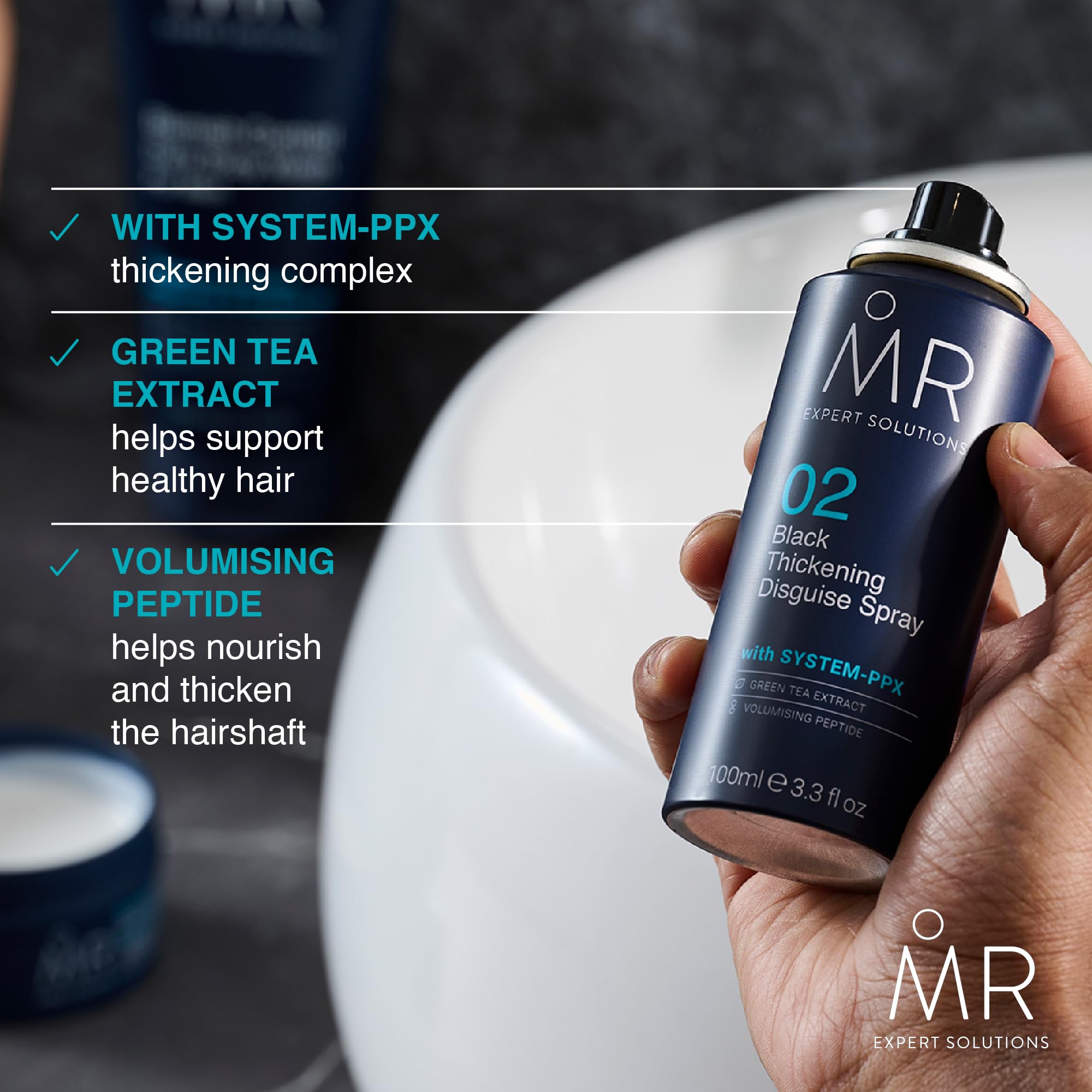 MR Black Thickening Disguise Spray for Men, Conceals Bald Patches and Thinning Hair + Protect Appearance of Thicker Hair with System PPX & Green Tea Extract, 100ml