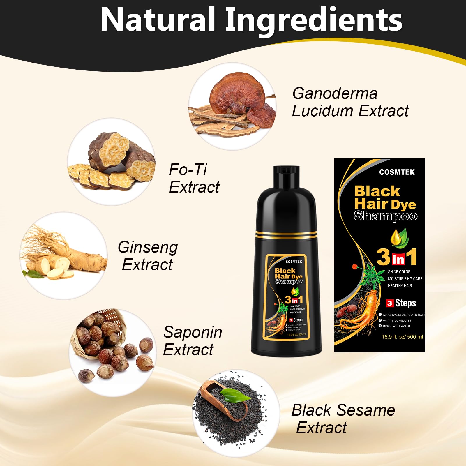 Black Hair Dye Shampoo for Men&Women, Colour Shampoo for Gray Hair,Semi-Permanent Herbal Hair Dye 3-in-1, 500ml